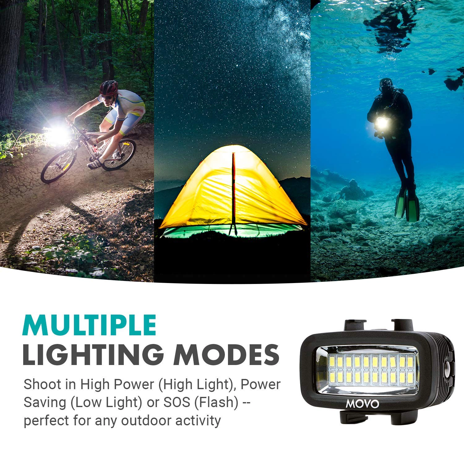 Movo LED-WP Underwater High-Power Rechargeable LED Video Light with Action Camera and Shoe Mounts, Compatible
