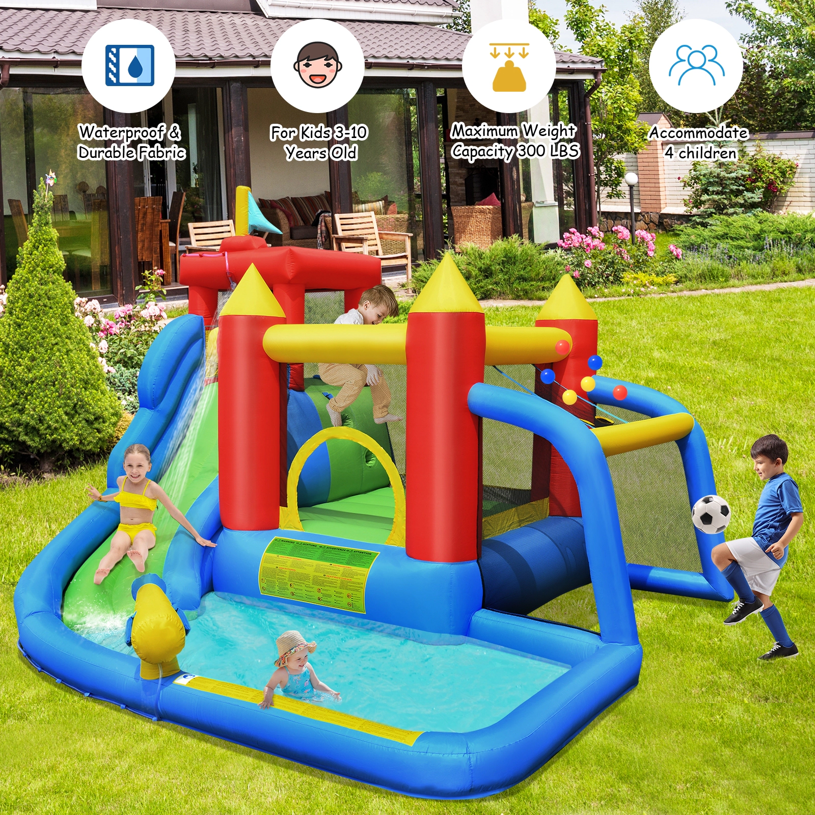 LJG Kids Inflatable Bounce House Splash Pool with Water Climb Slide Blower Included