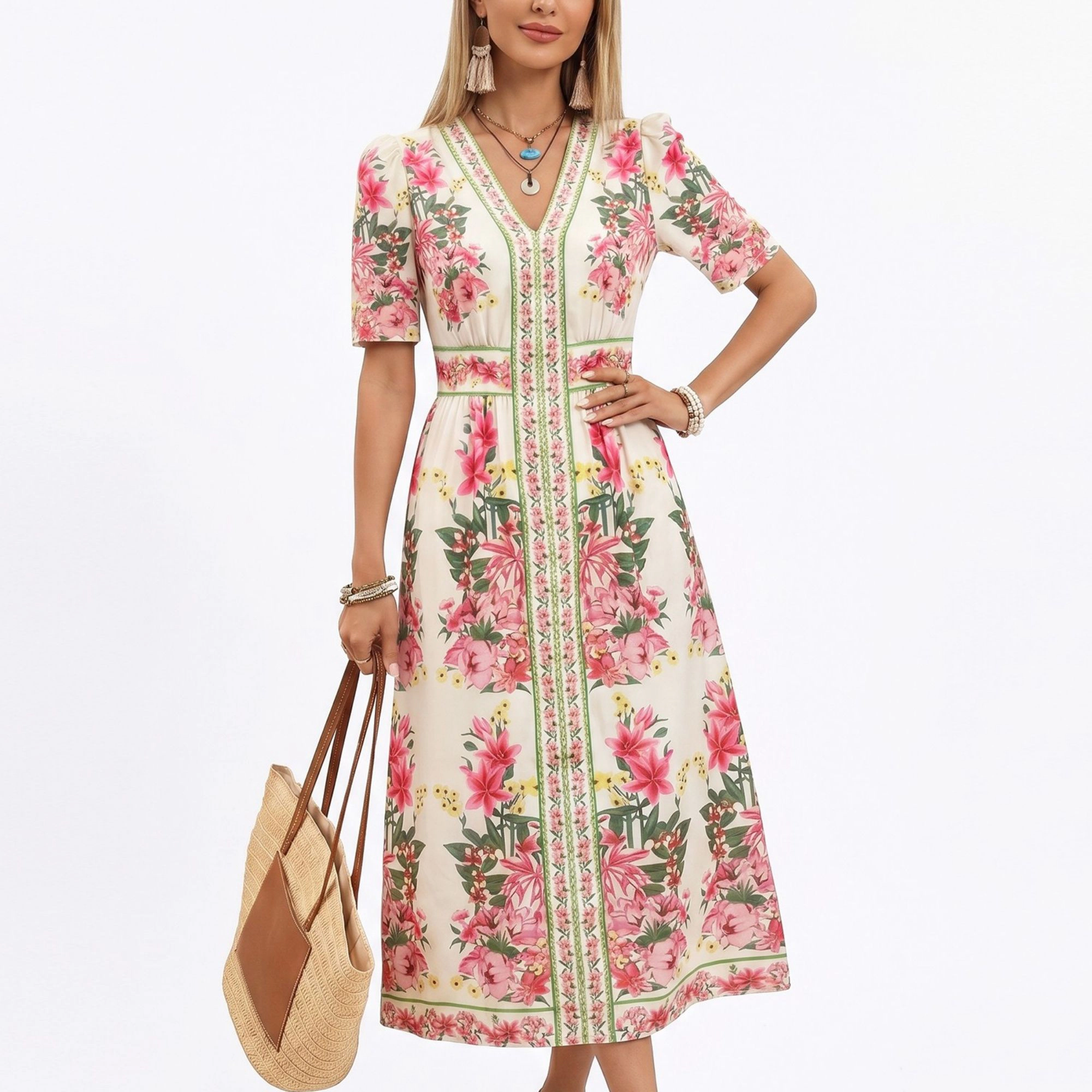 Anna-Kaci Women's Floral V-Neck Short Puff Sleeves Waist Midi Dress