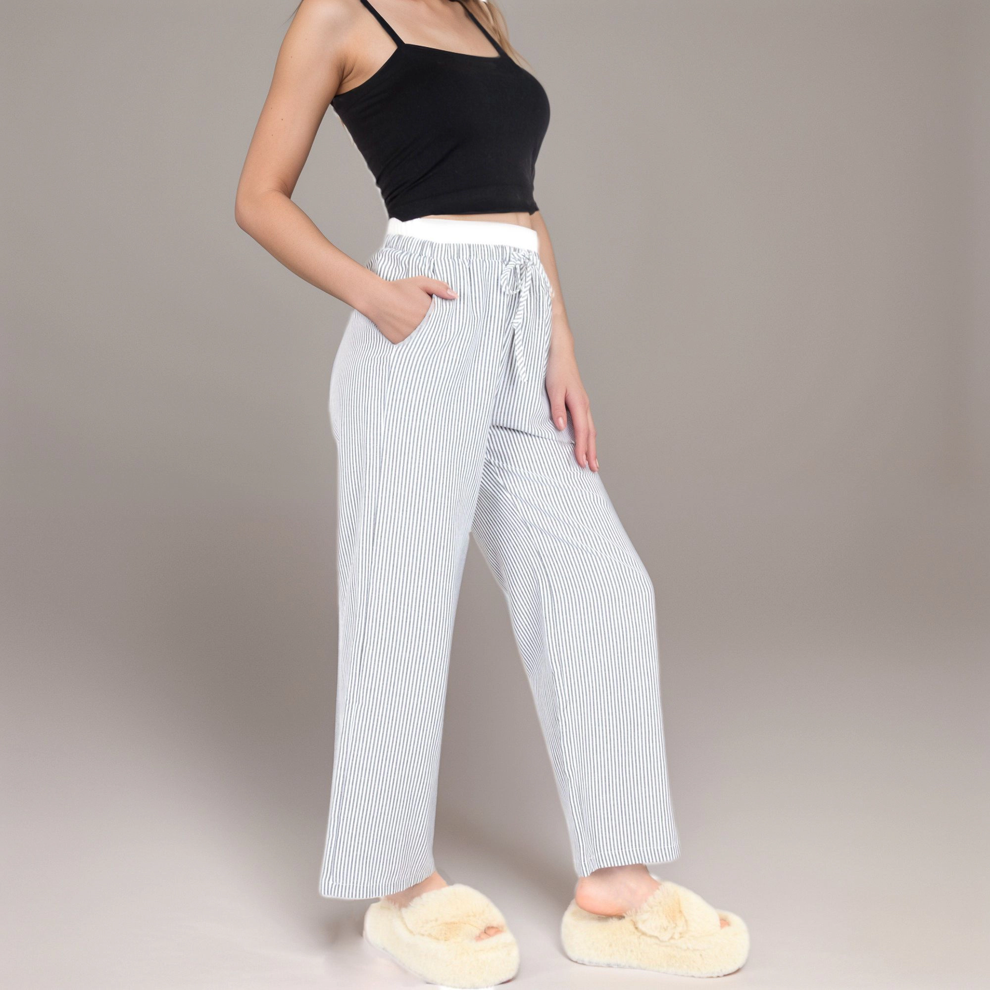 Anna-Kaci Women's Striped Wide Leg Lounge Pants with Elastic Waistband Drawstring and Relaxed Full-Length Fit