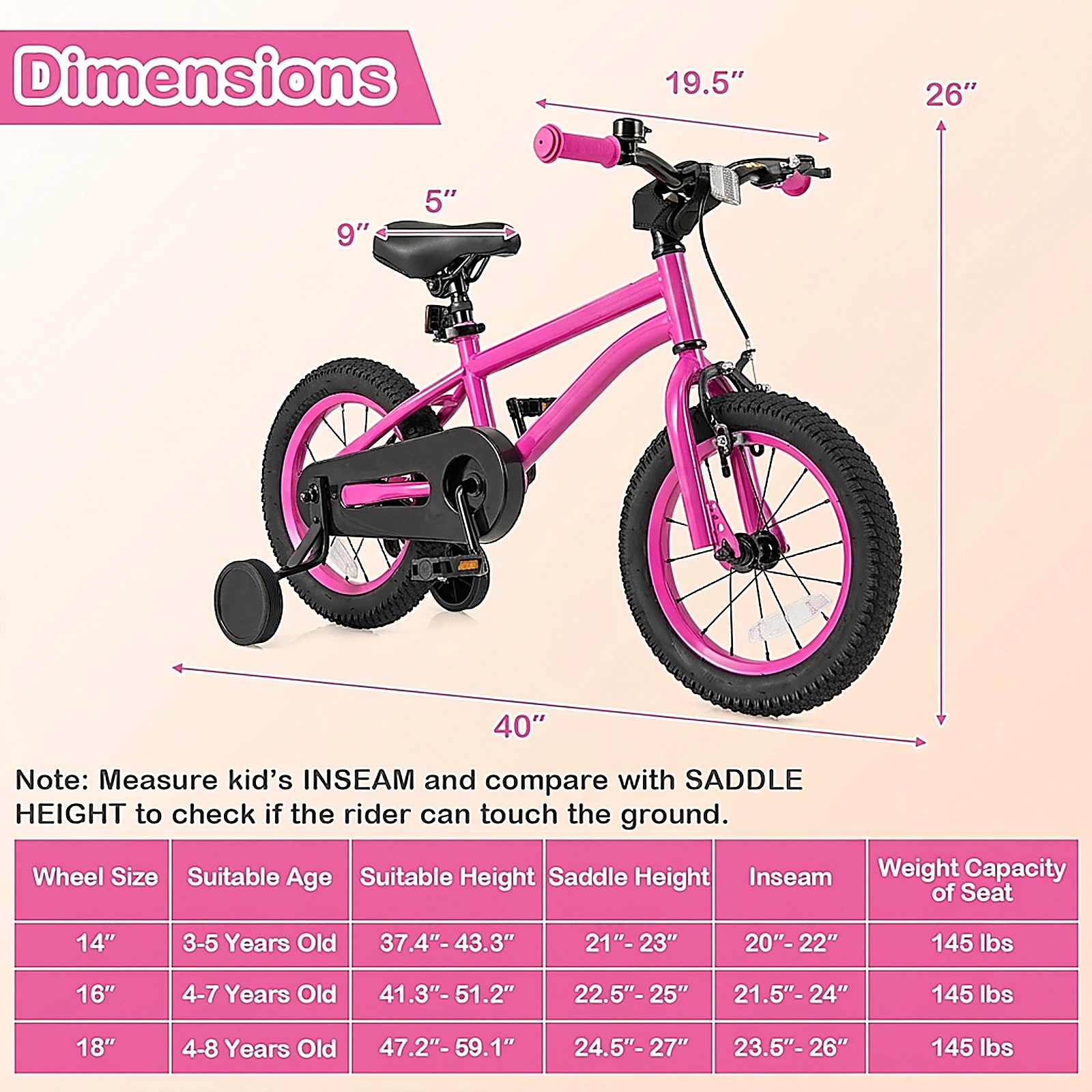 SUGIFT Adjustable 14-In Kids Bike with Dual Brakes and Removable Training Wheels 145-lb Seat Capacity Ages 3-5 Pink