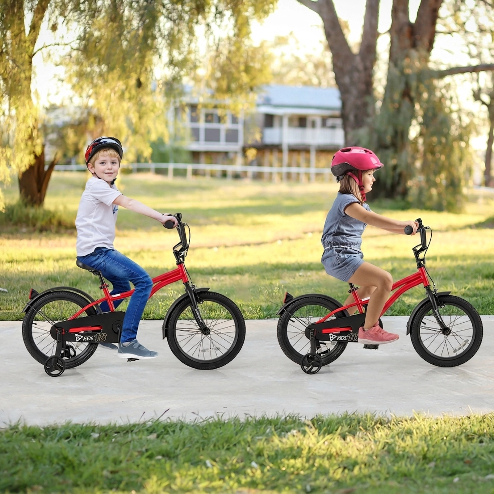 18-in Kids Bike Red Bicycle Quick Release Seat Detachable Training Wheels Puncture Resistant Tires Bell Ages 4-8