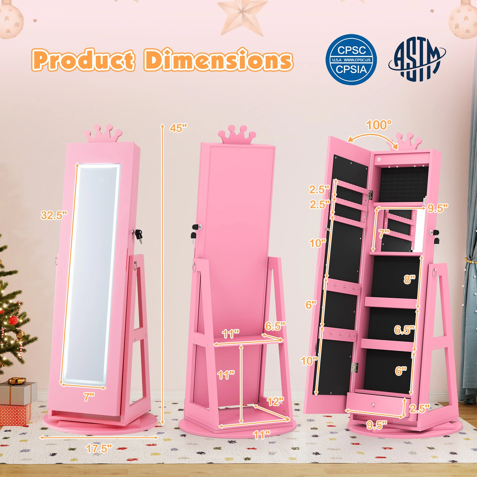 SUGIFT Kids Jewelry Armoire with 32.5-in Lighted Full-Length Mirror and 45-in Rotating Inner Mirror Cabinet
