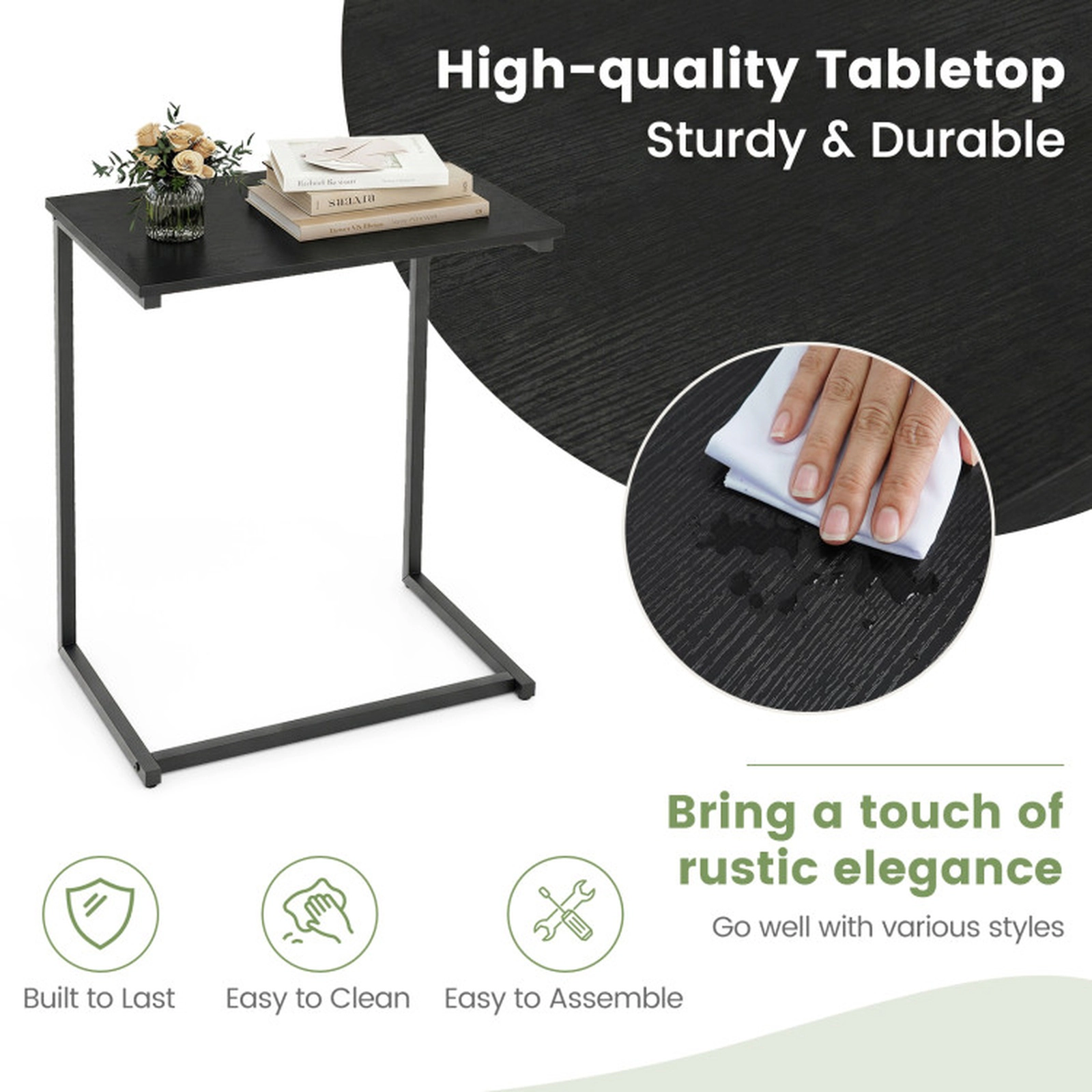 SUGIFT 21.5 in C-Shaped Side Table Black Snack Table with Metal Frame for Sofa