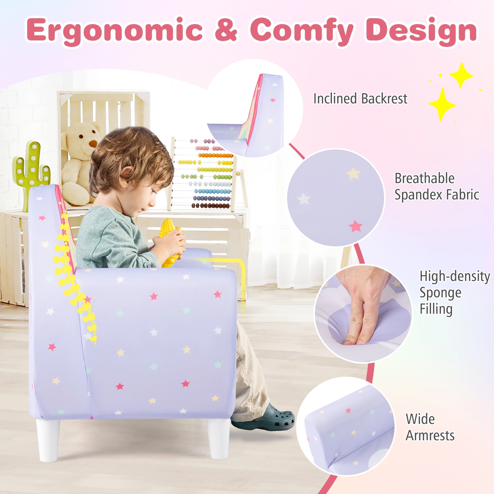 SUGIFT Purple Breathable Spandex Cover Unicorn Print and Wooden Frame Kids Sofa