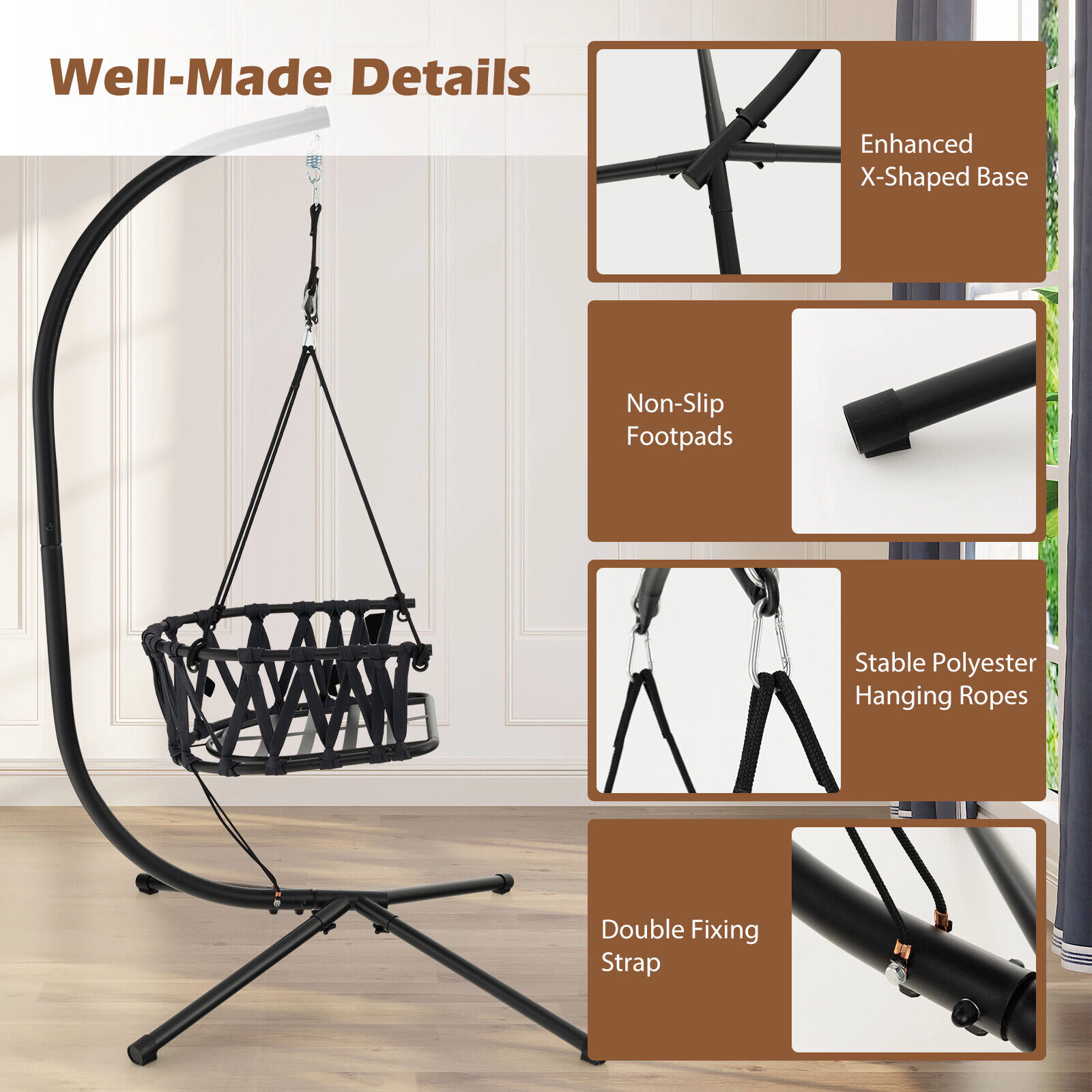 SUGIFT Gray Hanging Swing Chair with Stand and Padded Cushions 42-in W 39.5-in D 77.5-in H 330-lb Seat Capacity