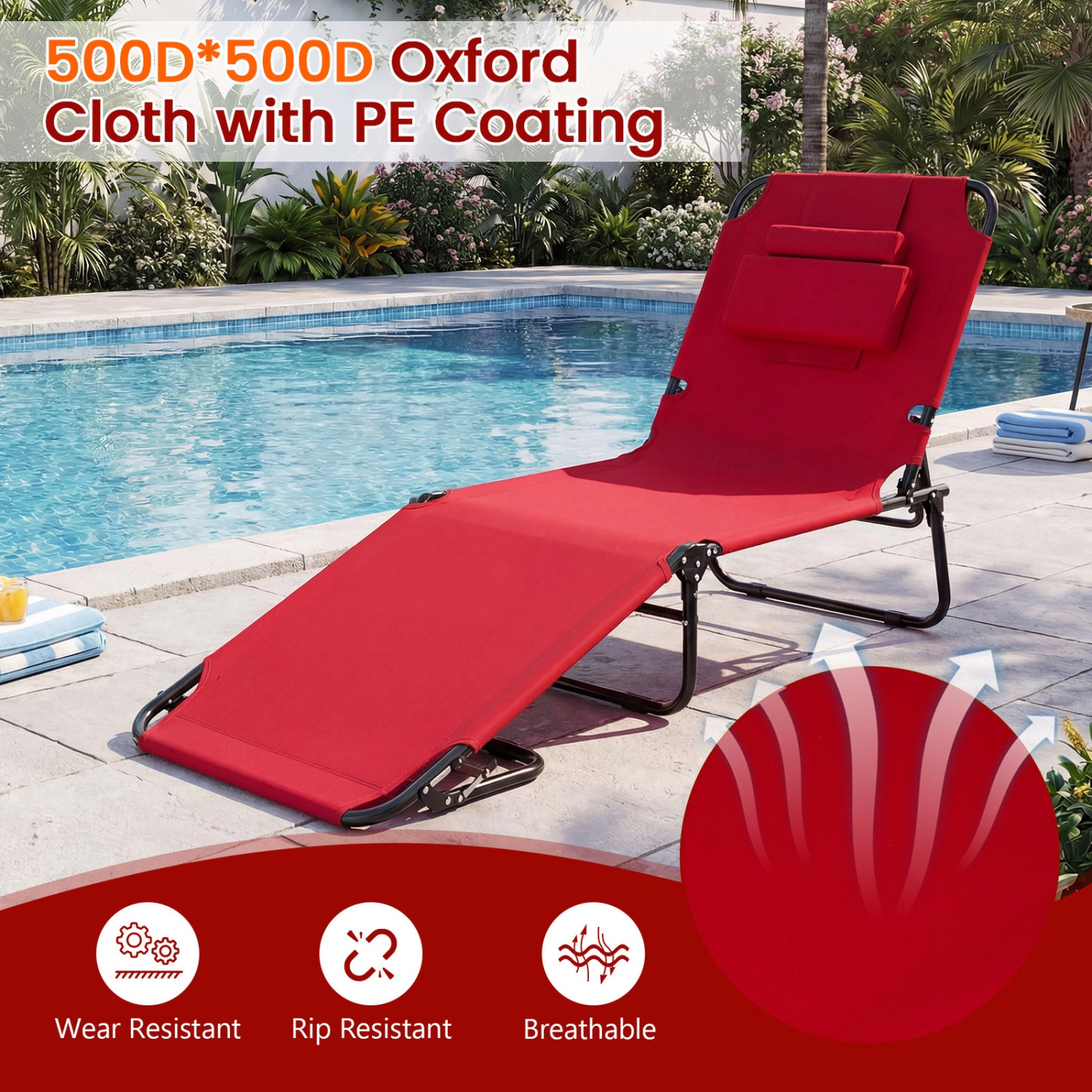 SUGIFT Adjustable Folding Face Down Tanning Chair with Face Hole & 3 Removable Pillows 330-lb Capacity 76.5-in Frame Red