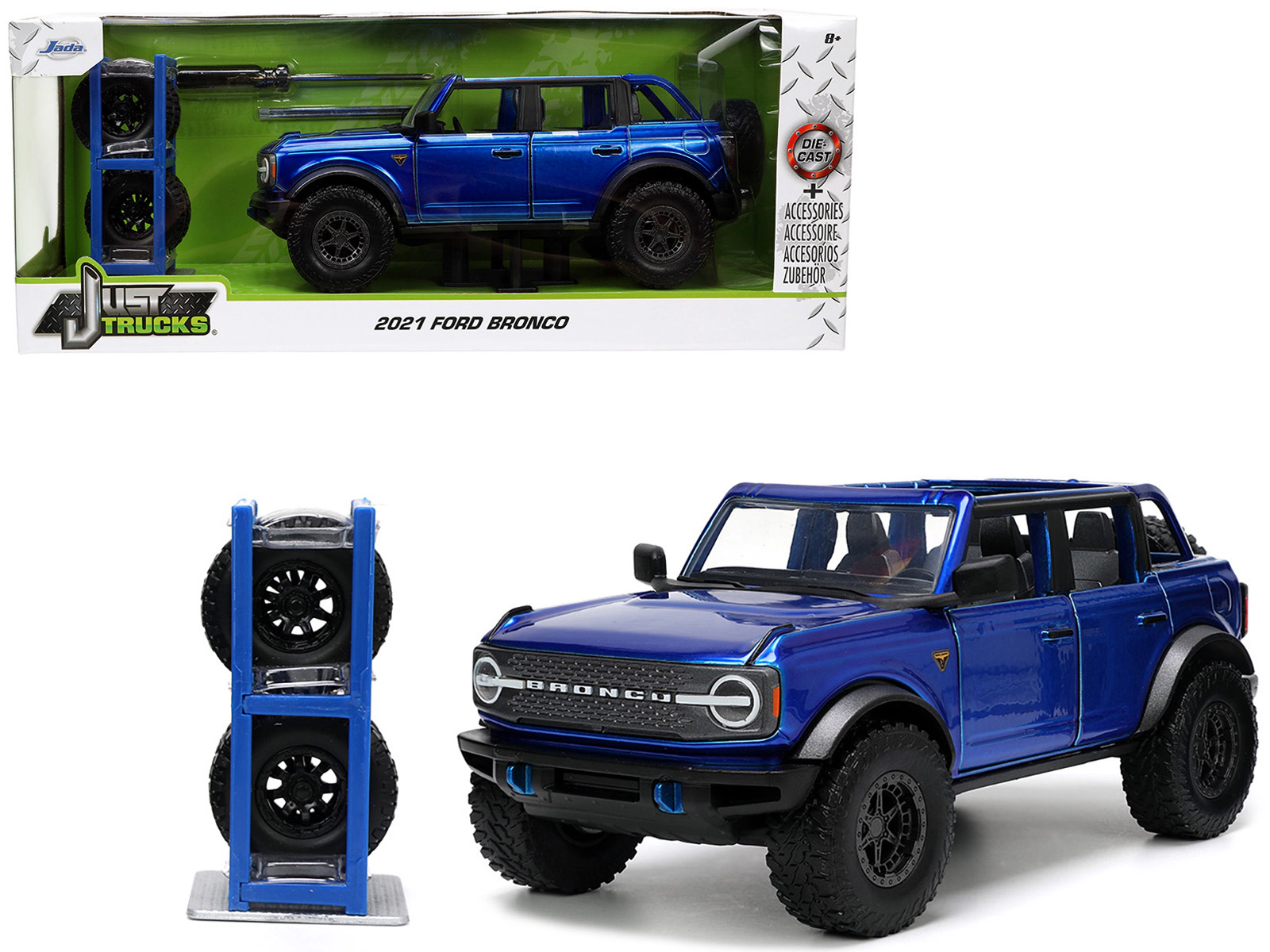 Jada 2021 Ford Bronco Open-Top Candy Blue Metallic with Extra Wheels "Just Trucks" Series 1/24 Diecast Model Car by Jada