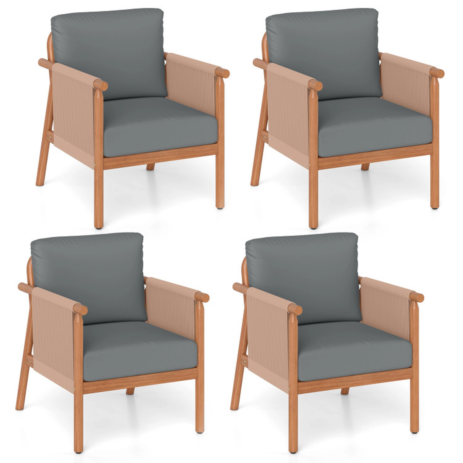 SUGIFT Boho Woven Rope Patio Acacia Wood Chair Set of 4 with Seat and Back Cushions 400-lb Capacity Gray