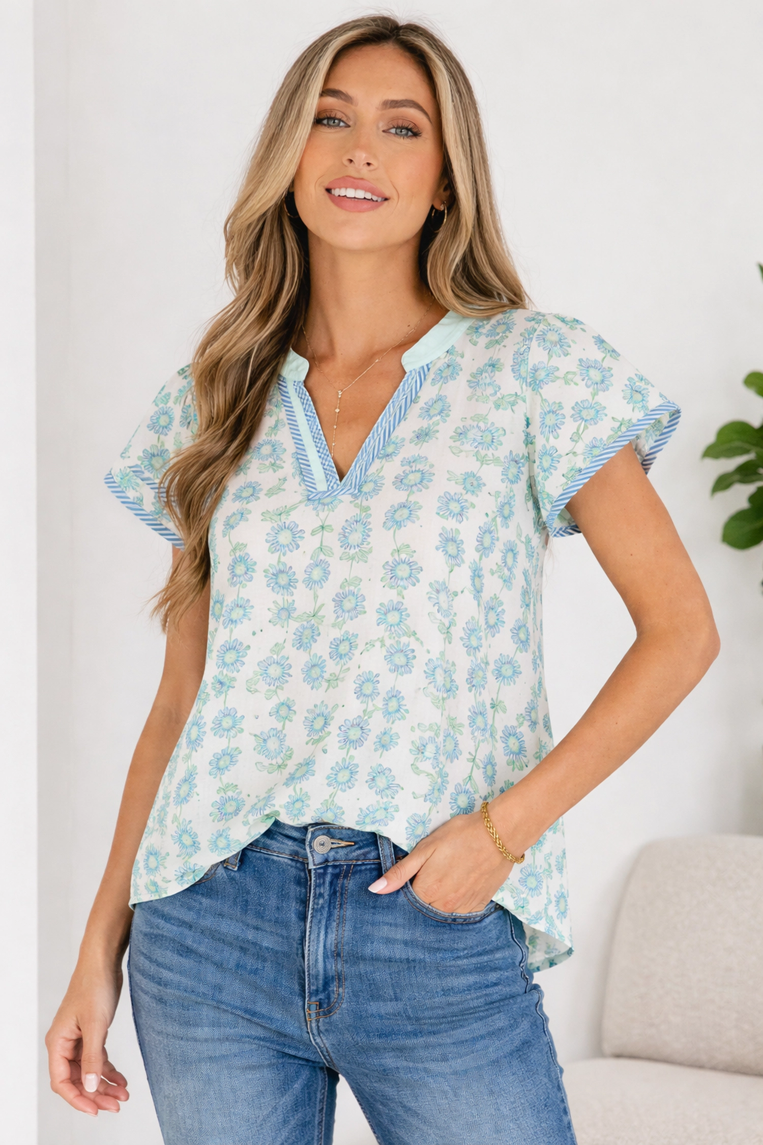 Threaded Pear Keilani Patchwork Flutter Sleeve Blouse