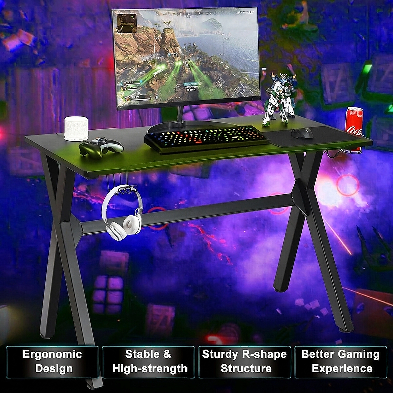 SUGIFT Ergonomic Gaming Desk with Mouse Pad Cup Holder Headphone Hook X-Shape Steel Frame 220-lb Capacity Black