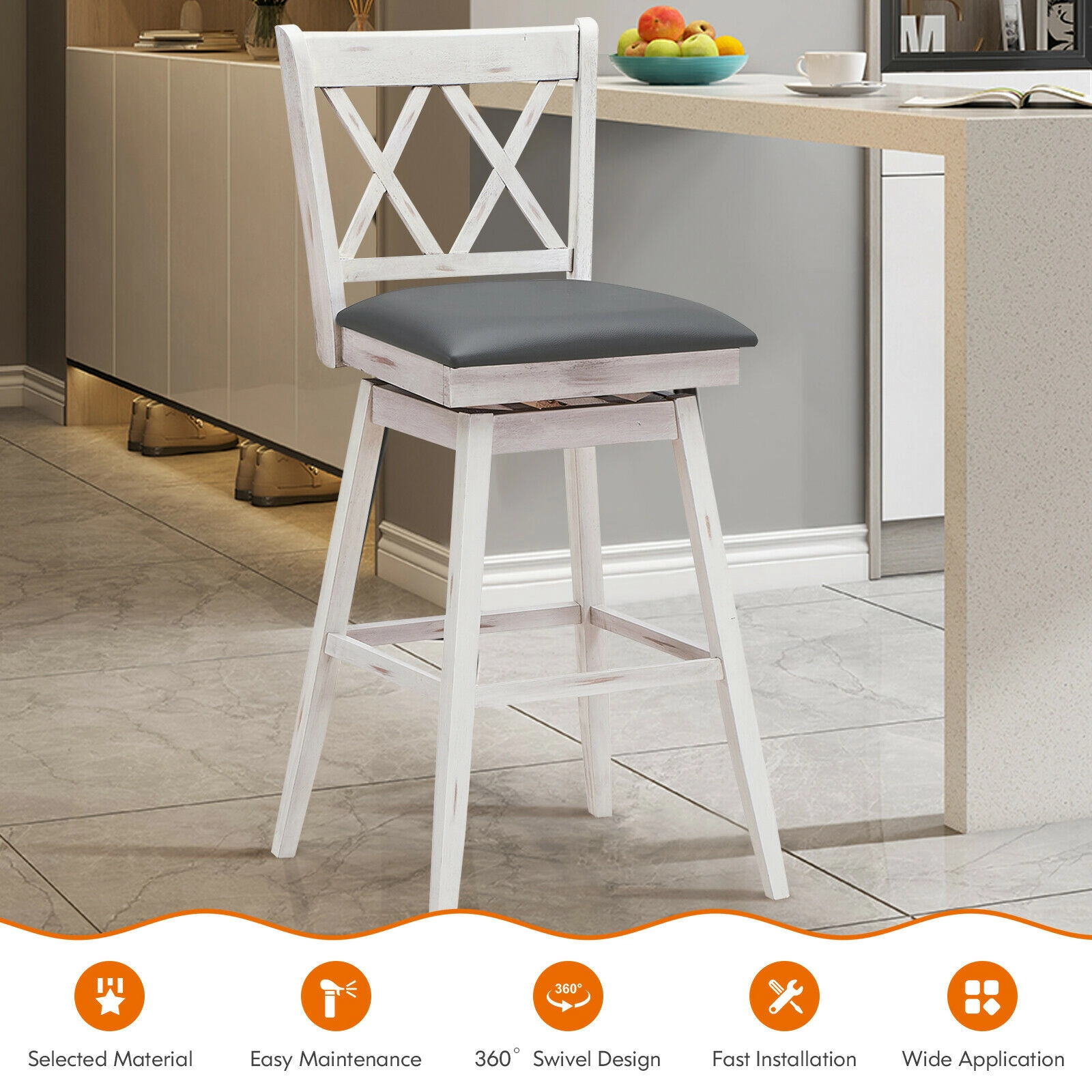 SUGIFT Set of 2 White 29-Inch Counter-Height Swivel Bar Stools with PVC Backrests and Rubberwood Legs