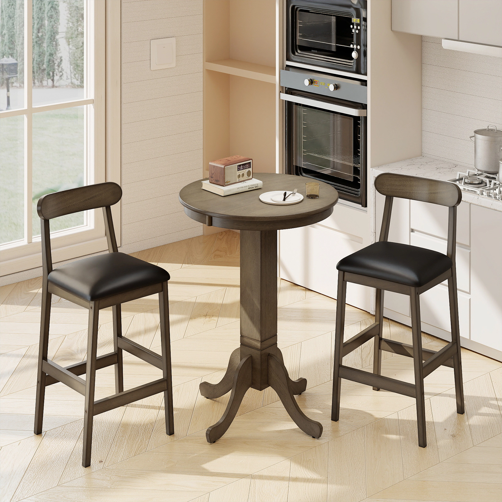 SUGIFT 3-Piece Oak Grey Round Pub Table Set for 2 with Pedestal Table and Bar Stools