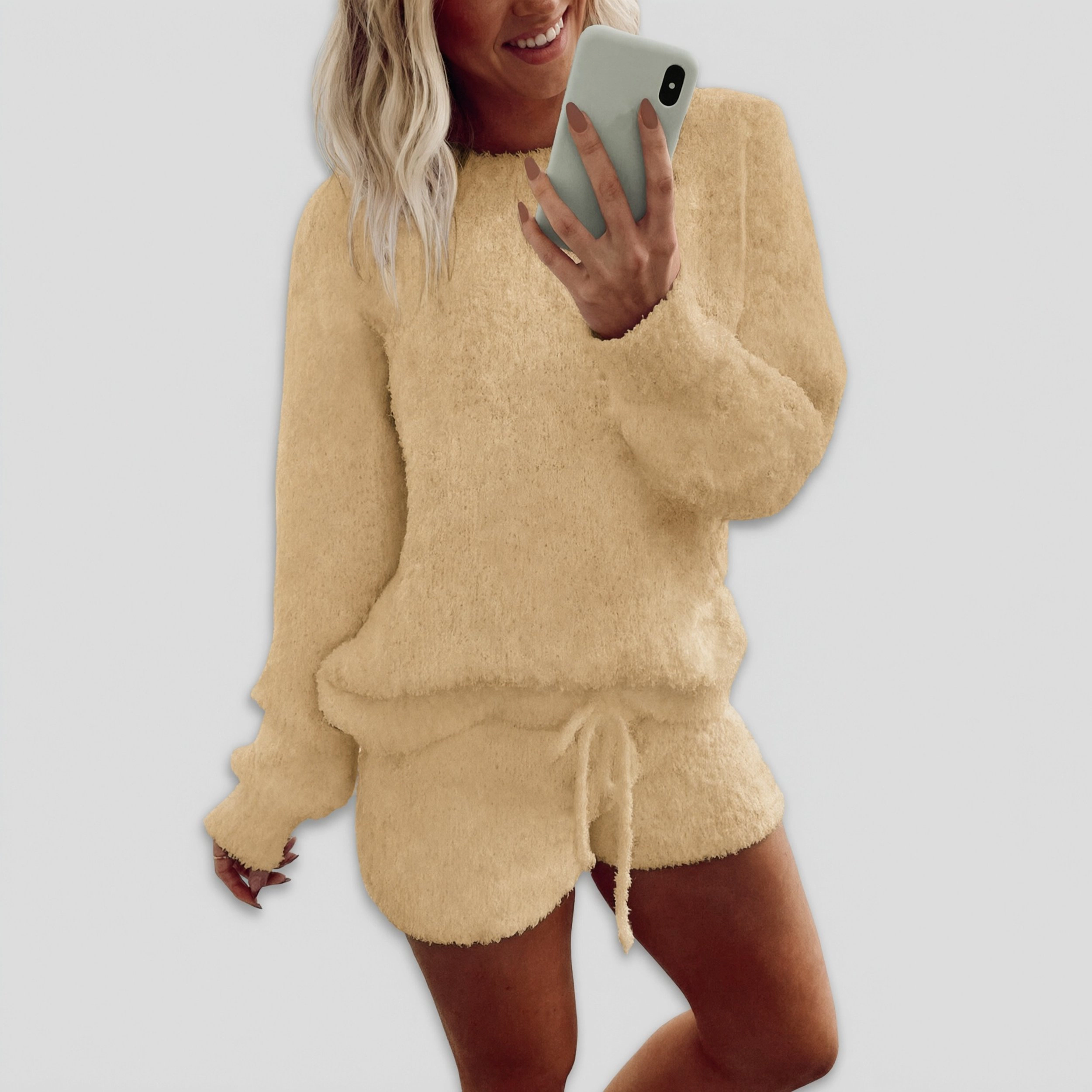 Ekouaer Fuzzy Fleece Pajamas 2 Piece Warm Soft Lounge Set Long Sleeve Sweater Top and Shorts