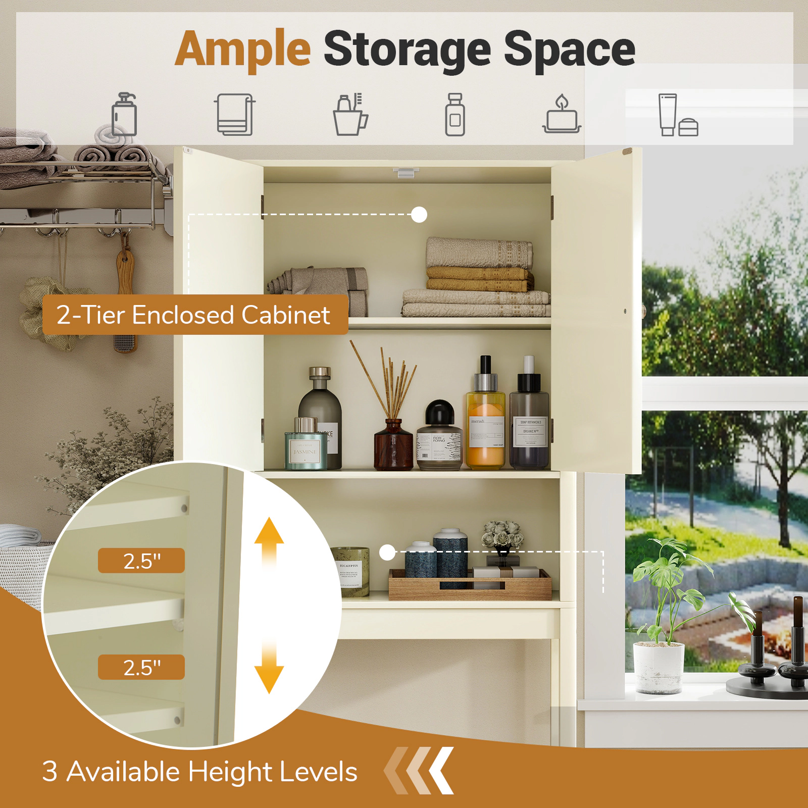 Slickblue Over The Toilet Bathroom Storage Cabinet with Fluted Doors and Adjustable Shelf