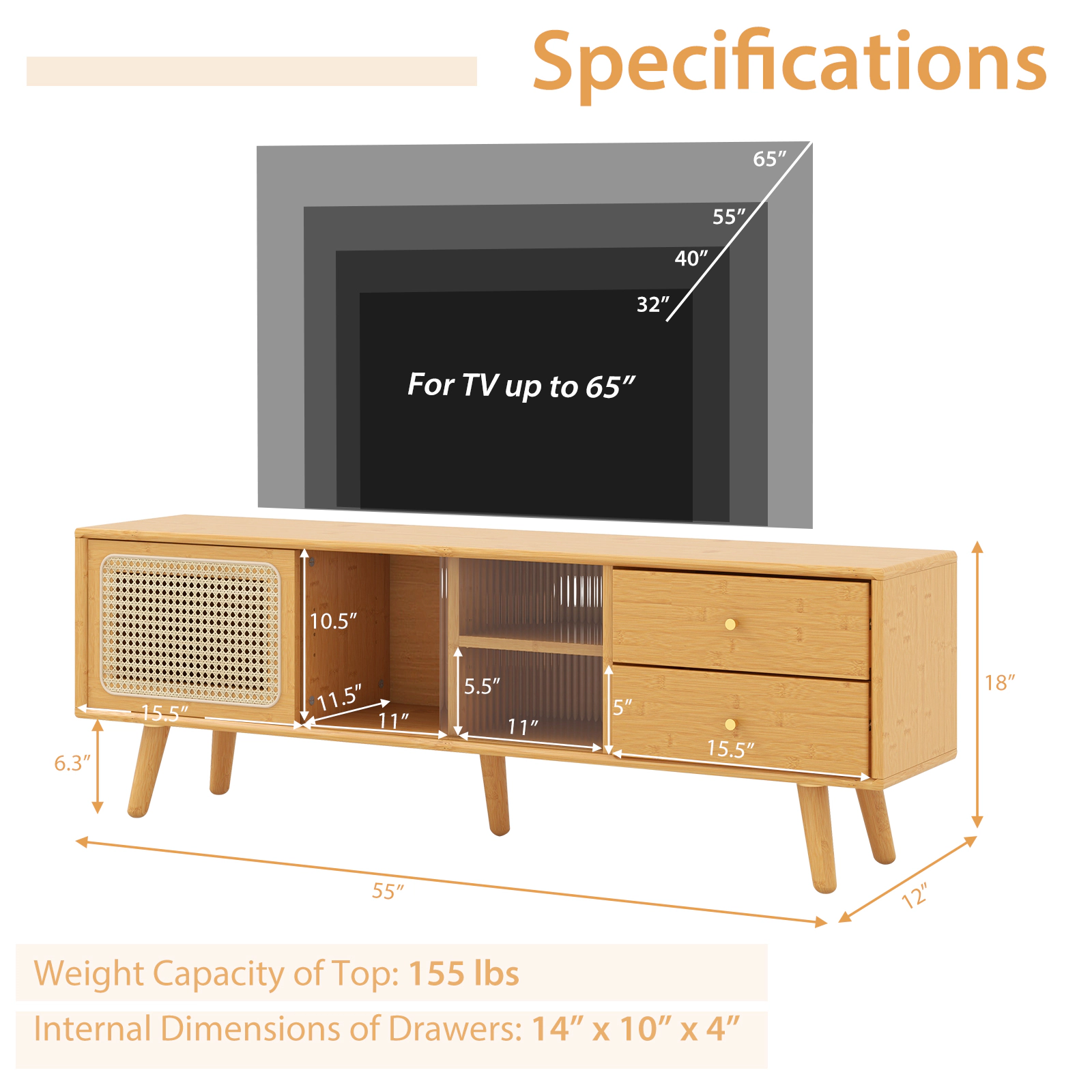 SUGIFT Bamboo TV Stand for TV up to 65 Inch with Storage Compartments and Drawers 155-lb Top Capacity Natural Brown