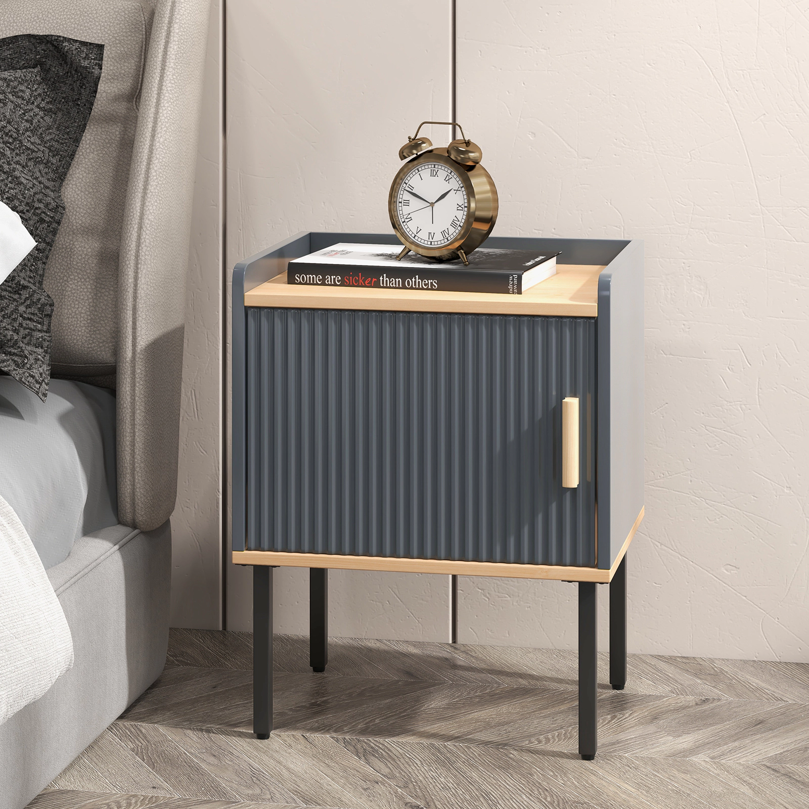 Glintex Nightstand with Single-Door Cabinet Raised Edge Top and Metal Legs, Gray