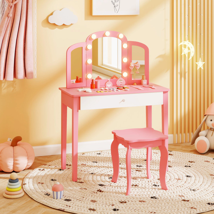 Hivvago 2-In-1 Kids Vanity Table Set With Tri-Folding Detachable Mirror And Lights
