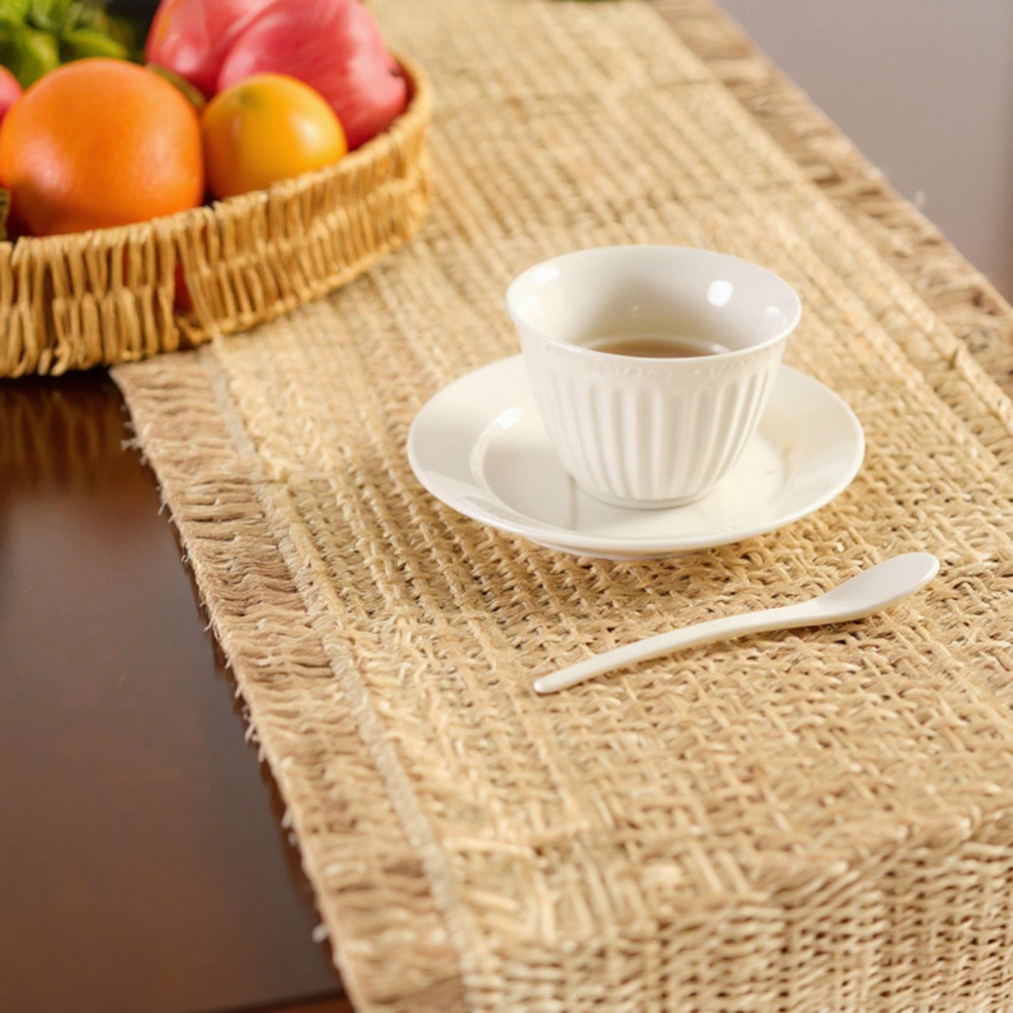 Alilang Women Textured Woven Table Runner with Fringe Trim and Neutral Stripe Pattern 47x11.8