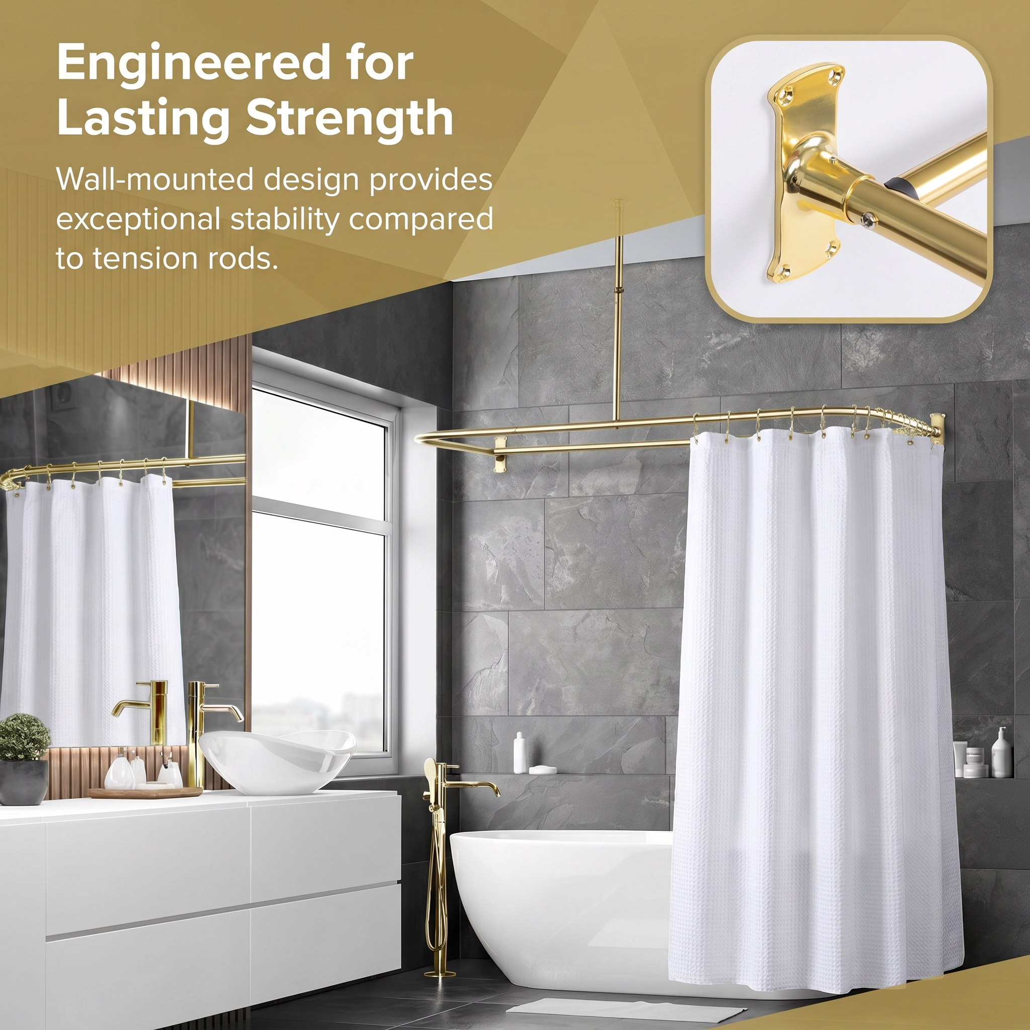 Utopia Alley D-Shaped Shower Rod with Ceiling Support, 28-68" Large Space Rod, Curtain 180x70 inch