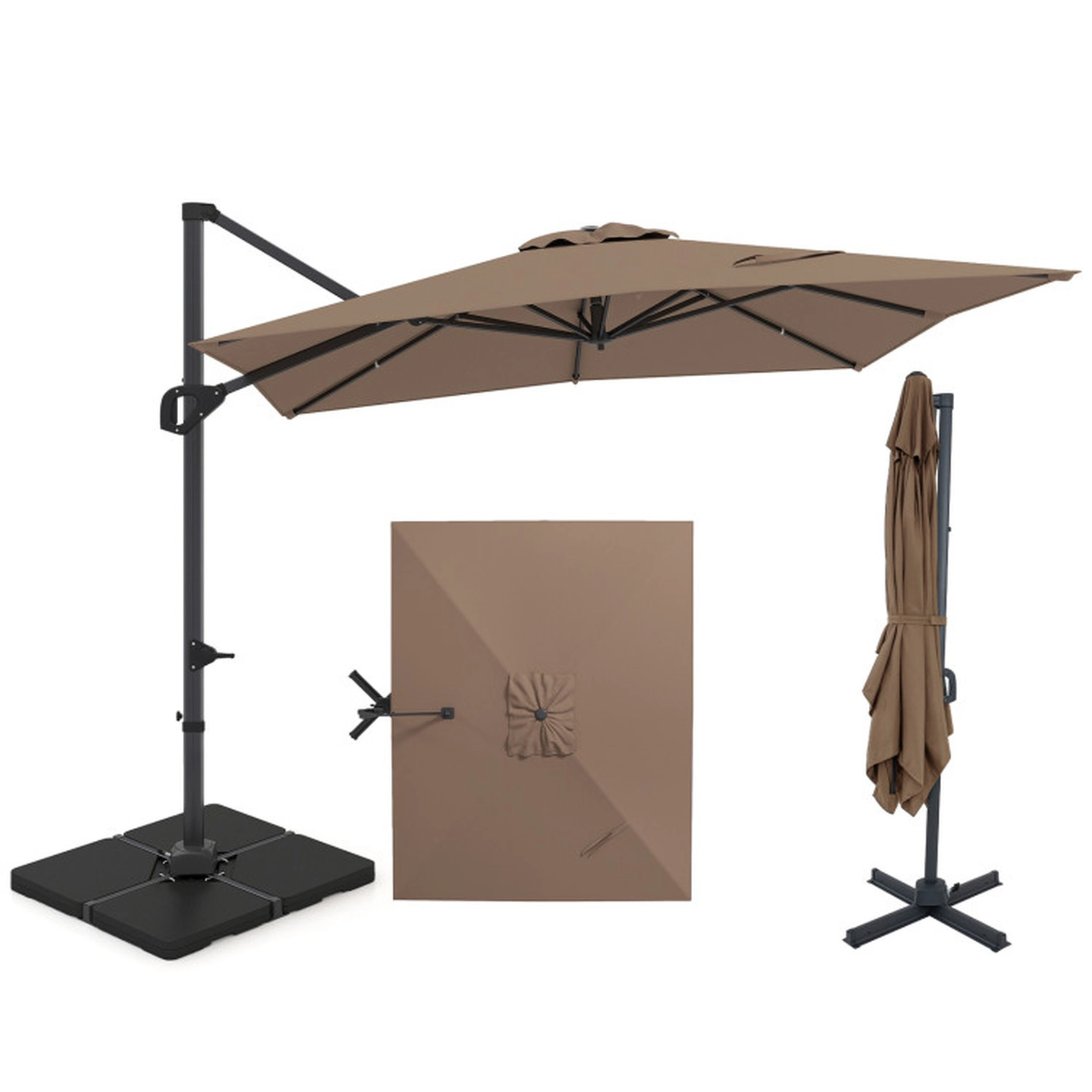 SUGIFT Brown Aluminum Pole and 220 LB Base 11 x 9 FT Offset Hanging Patio Umbrella