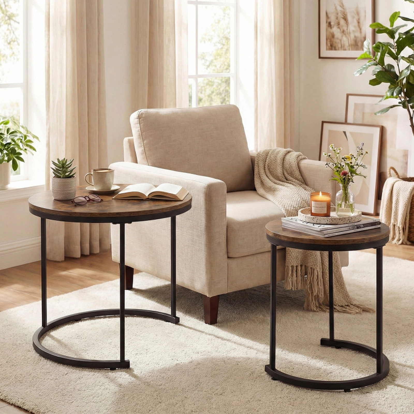 SUGIFT Set of 2 Round Nesting MDF Top Steel Frame Coffee Tables 24-in Dia x 20-in H 16-in Dia x 16.5-in H Rustic Brown