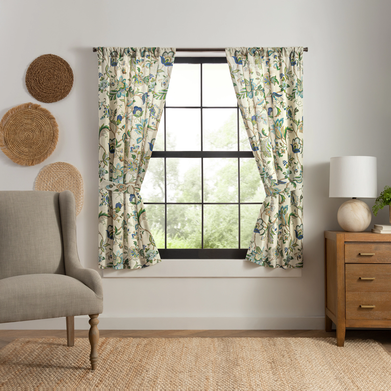 Ellis Curtain 100% Polyester Brissac Rod Pocket Tailored Grapevine and Check Pattern Curtain Panel Pair 70" x 63