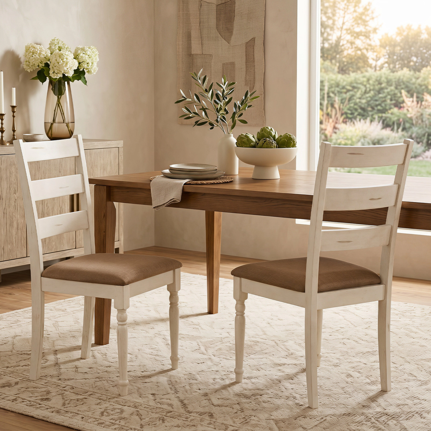 LJG Rubber Wood Dining Chairs Set of with Padded Linen Seat & Slatted Backrest