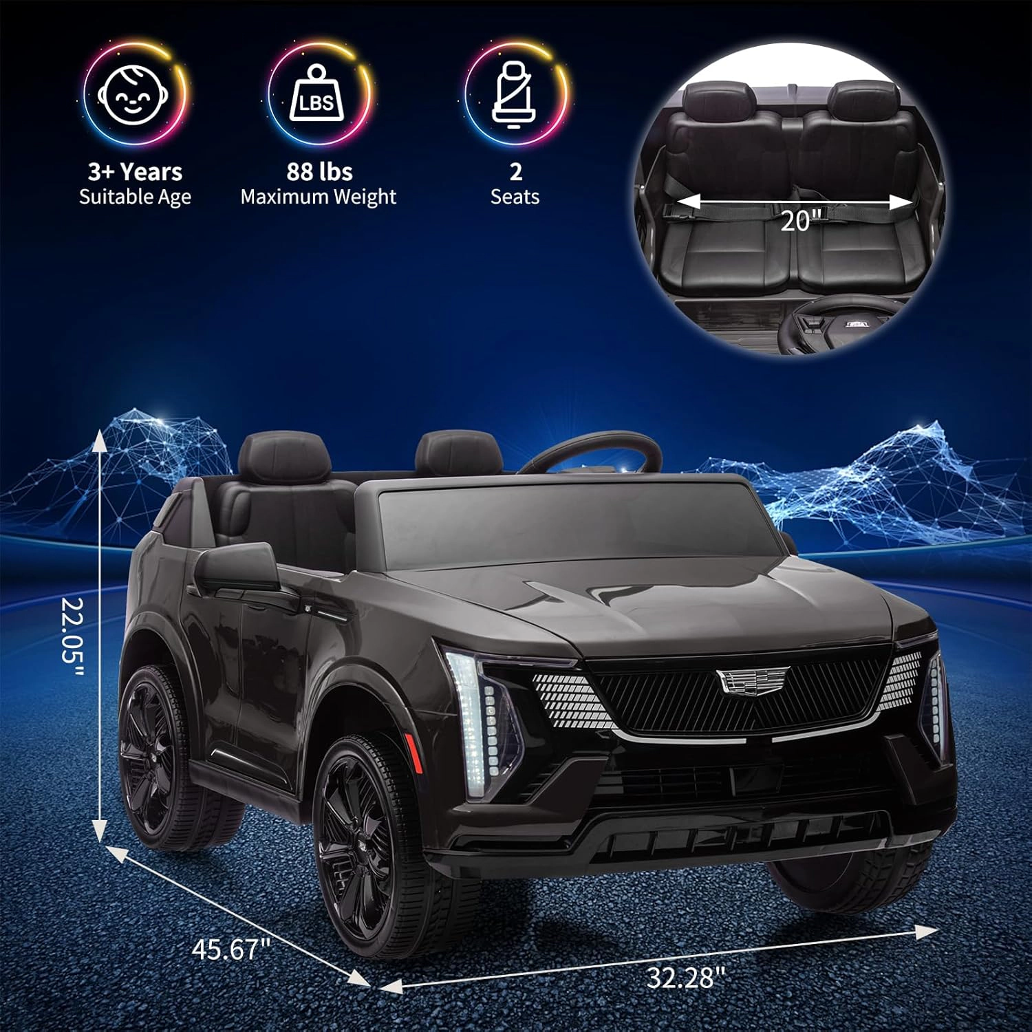 24V Licensed Cadillac 2-Seater Kids Ride On Car, Electric Truck w/ Remote, 130W Motors, LED Lights & Music
