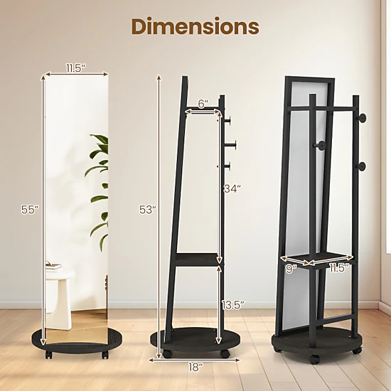 Hivvago Coat Rack With Full Length Mirror Freestanding Coat Tree With 3 Hooks
