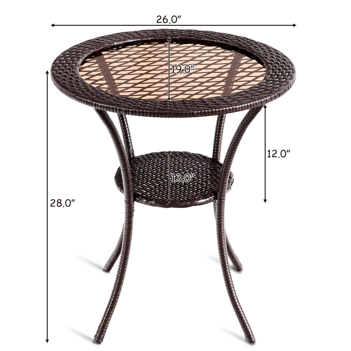 SUGIFT 25.5-Inch Round Wicker Patio Bistro Table with Tempered Glass Top and Shelf