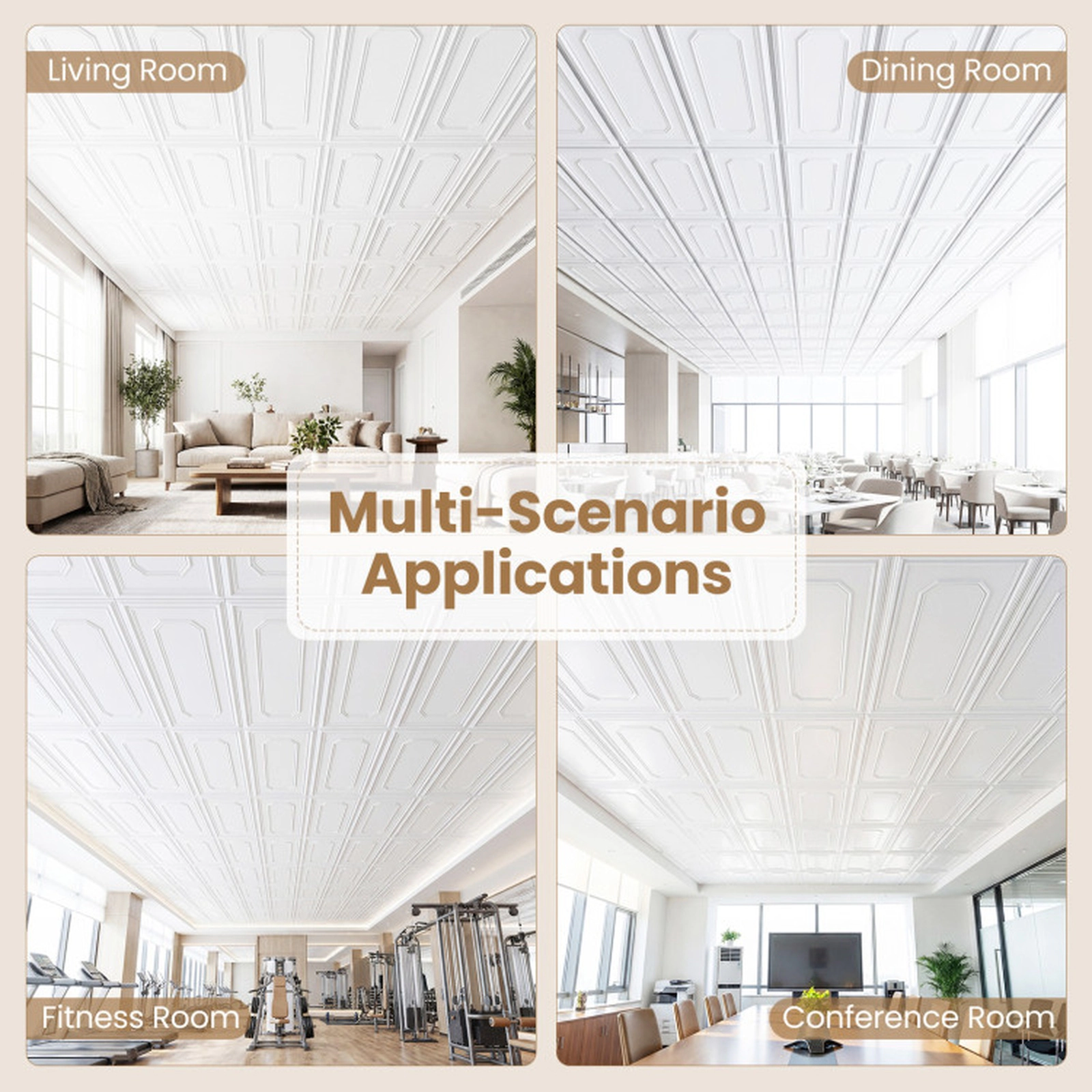 SUGIFT 12-Piece 3D PVC Ceiling Covering Panels 48 x 24 in Each Paintable Easy-Clean White Set for Grid or Glue