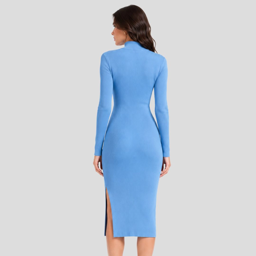 Artyska Women's Long Sleeve Turtleneck Bodycon Slit Ribbed Dress