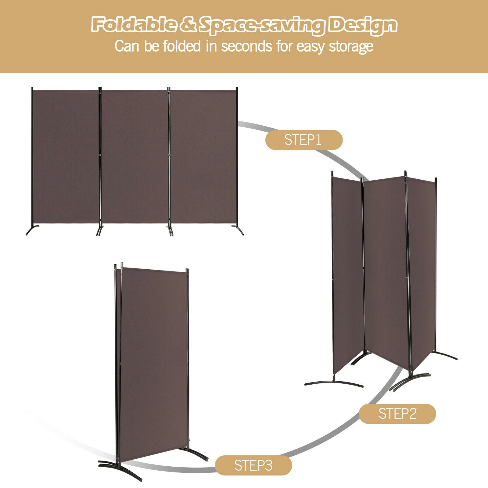 SUGIFT 3-Panel Folding Room Divider Privacy Partition Screen 72-in Tall 8.5-ft Opening Brown