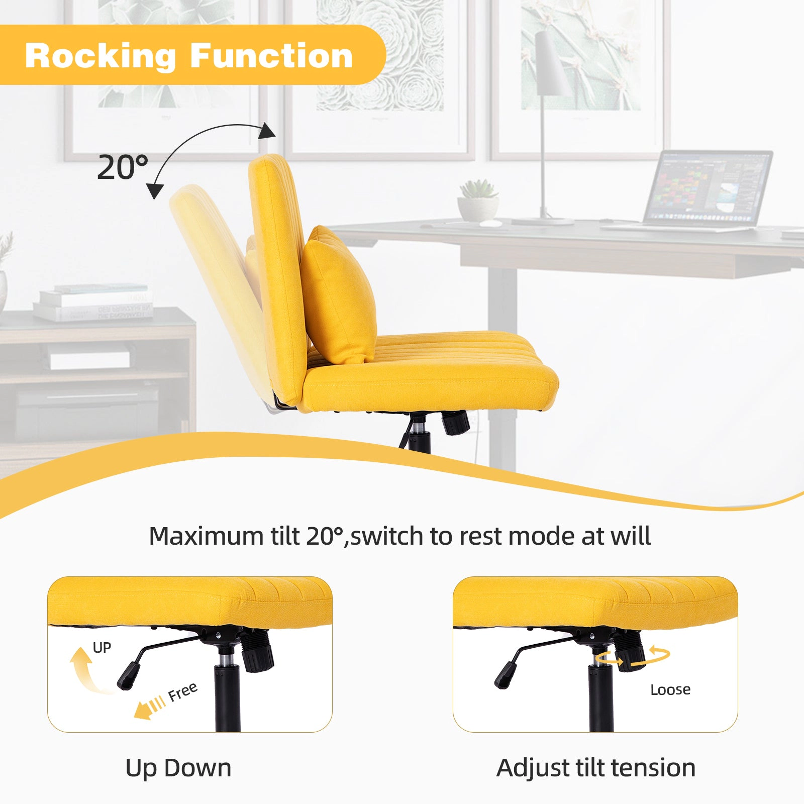 Platinum-Level Office Chairs Yellow Linen Criss-Cross Office Chair with Wheels, Ergonomic Comfort
