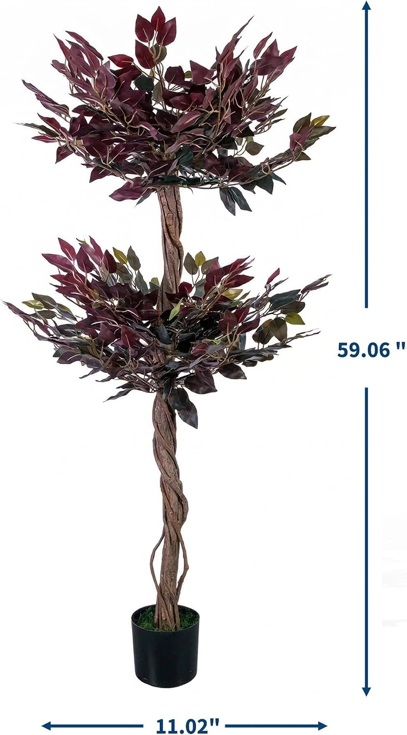 2 Pack Artificial Ficus Tree 5FT Tall, Purple Potted Faux Plant with Cement Planter and Moss