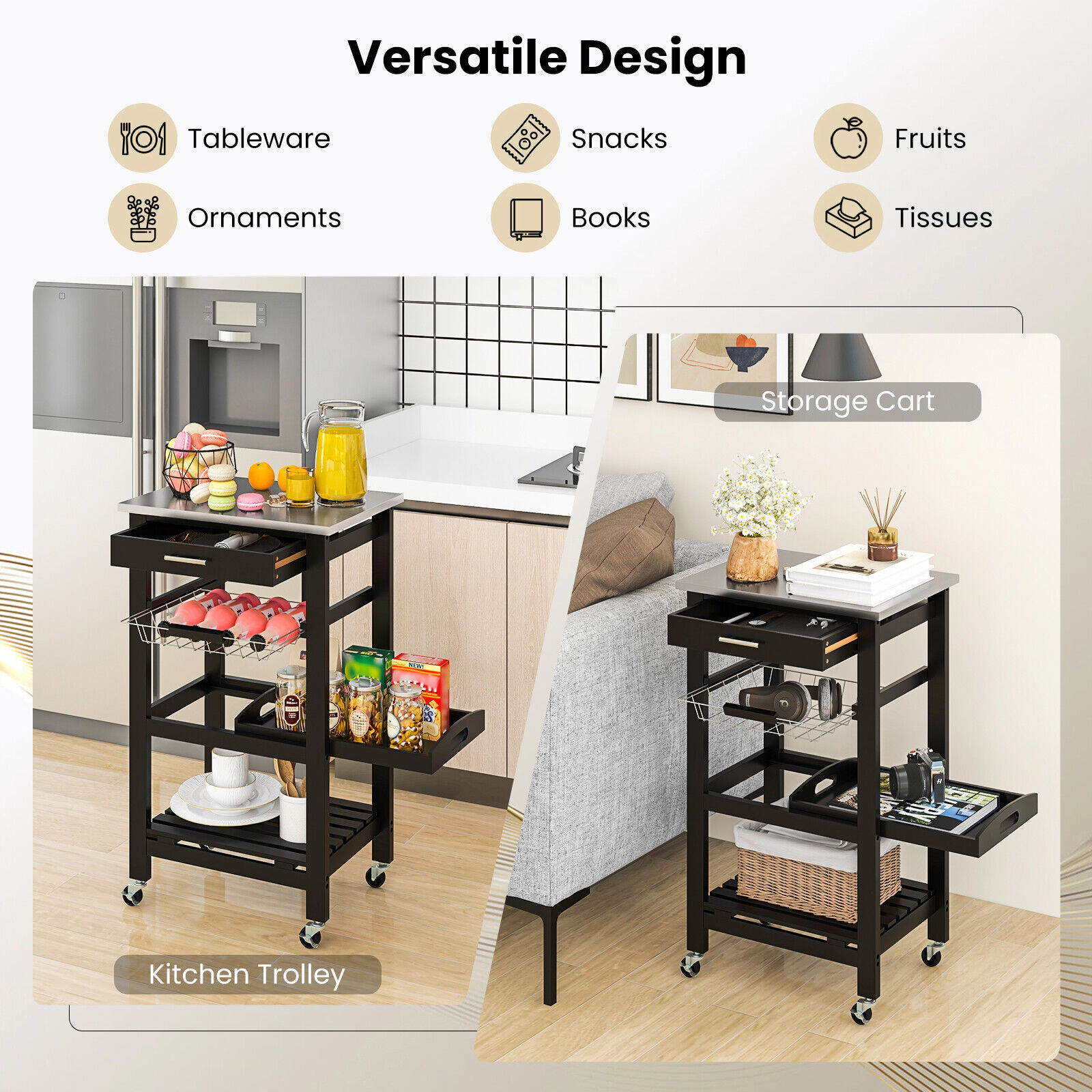 SUGIFT Kitchen Island Cart Black with Stainless Steel Top Wire Basket and Removable Tray
