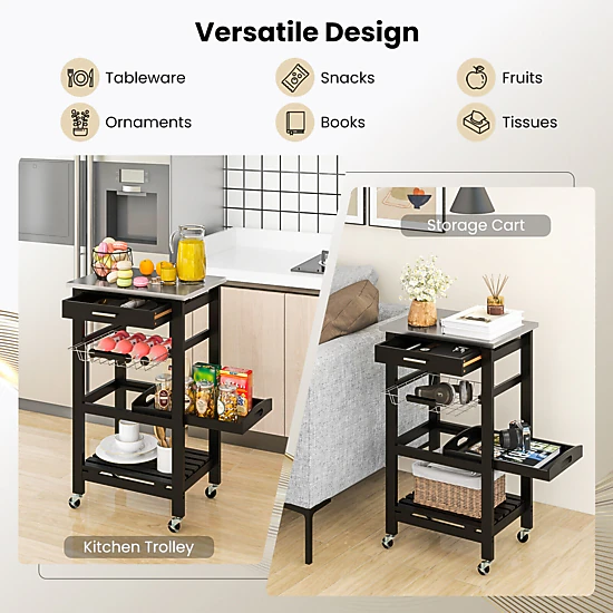 SUGIFT Black Kitchen Island Cart with Stainless Steel Top Wire Basket and Removable Tray 18.5-in W 14.5-in D