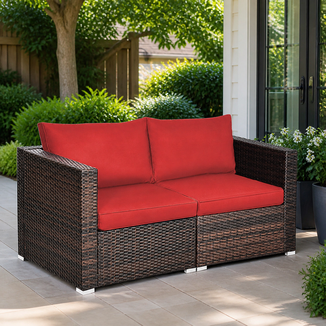 SUGIFT 2-Piece Red Rattan Patio Corner Sofa Set with 4 Zip Cushions