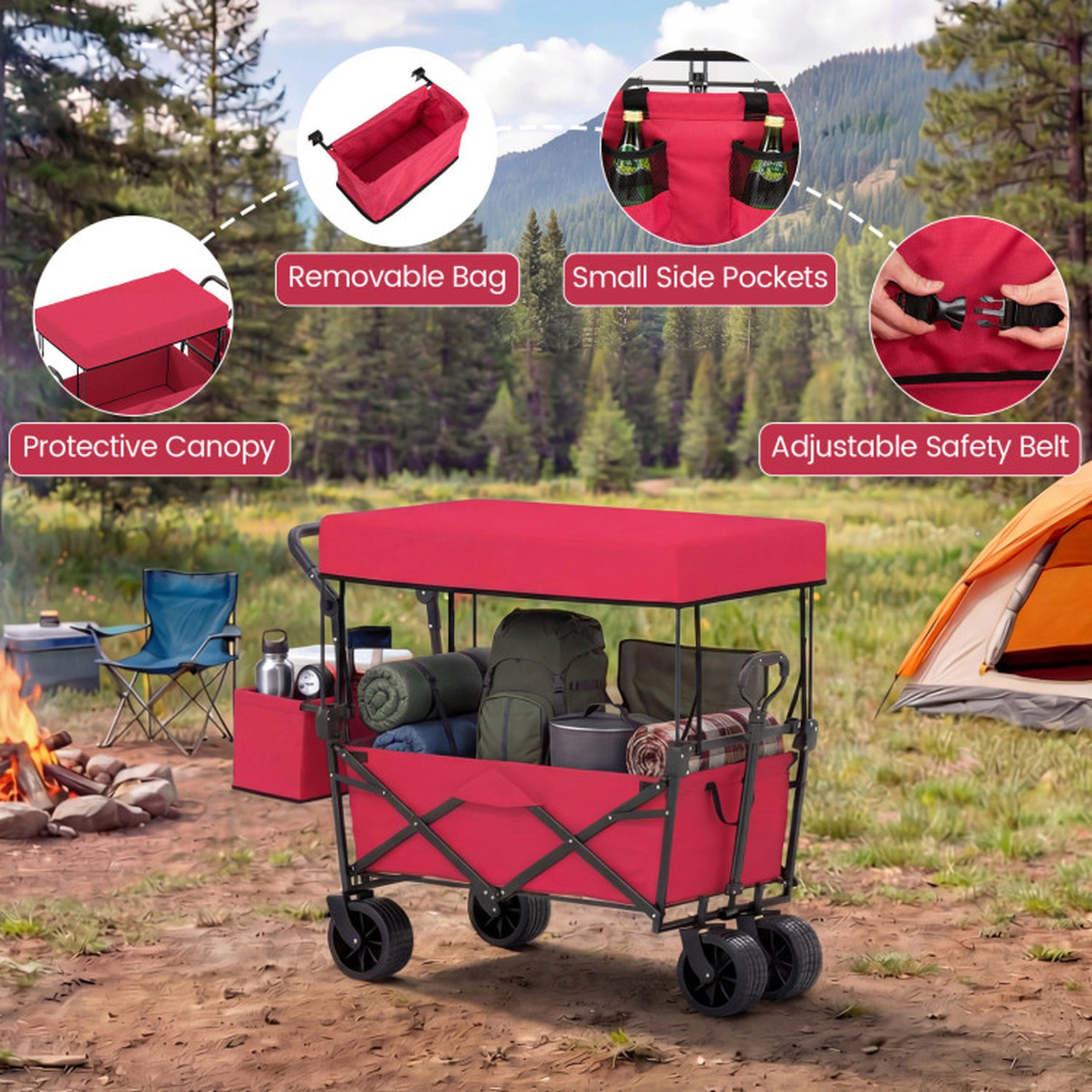 SUGIFT Collapsible Folding Wagon Cart Removable Canopy Storage Bag 150-lb Capacity 80-Liter 46 x 23 x 38-in Red