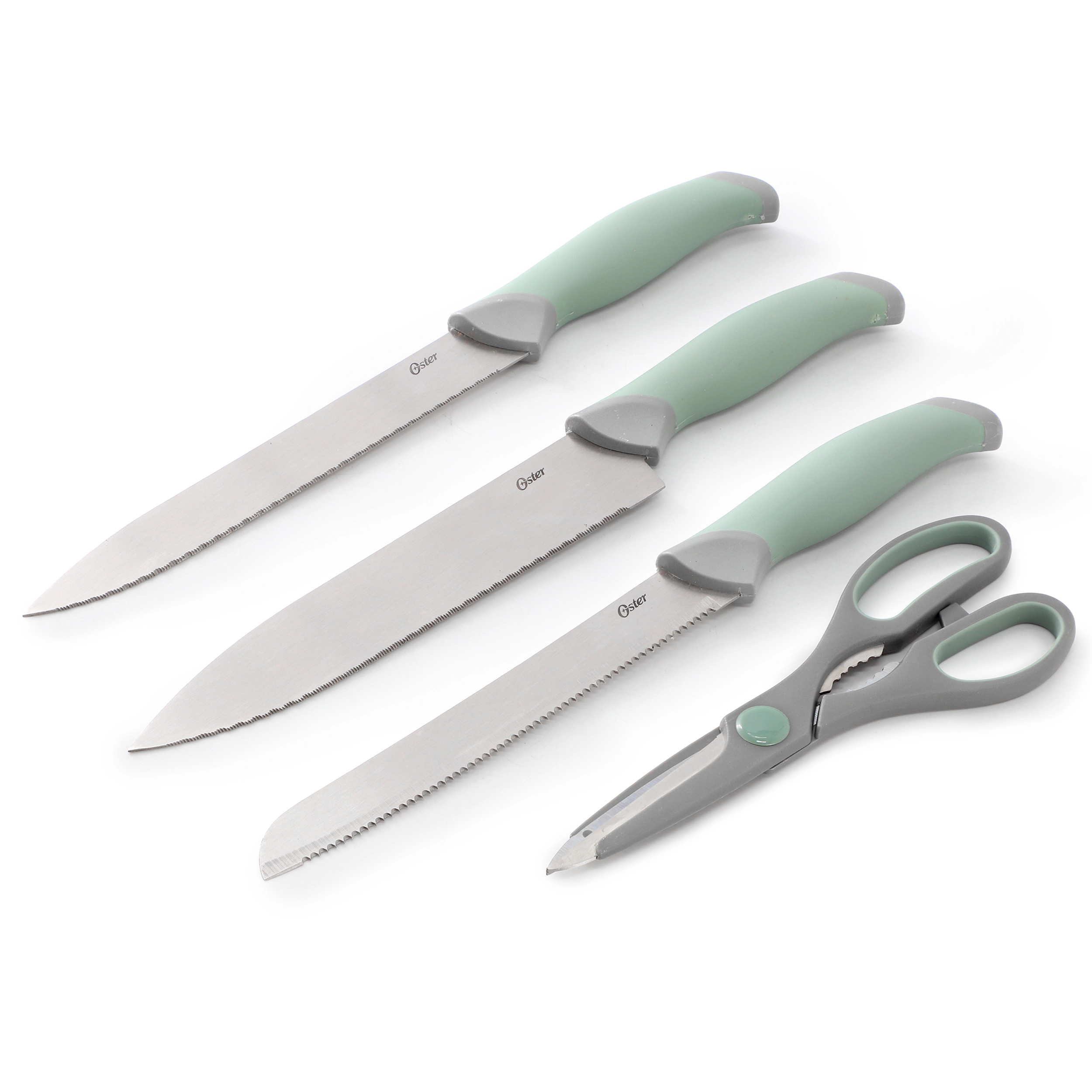 Oster Lindbergh 14 Piece Stainless Steel Cutlery Set in Green with Soft Grip Handles