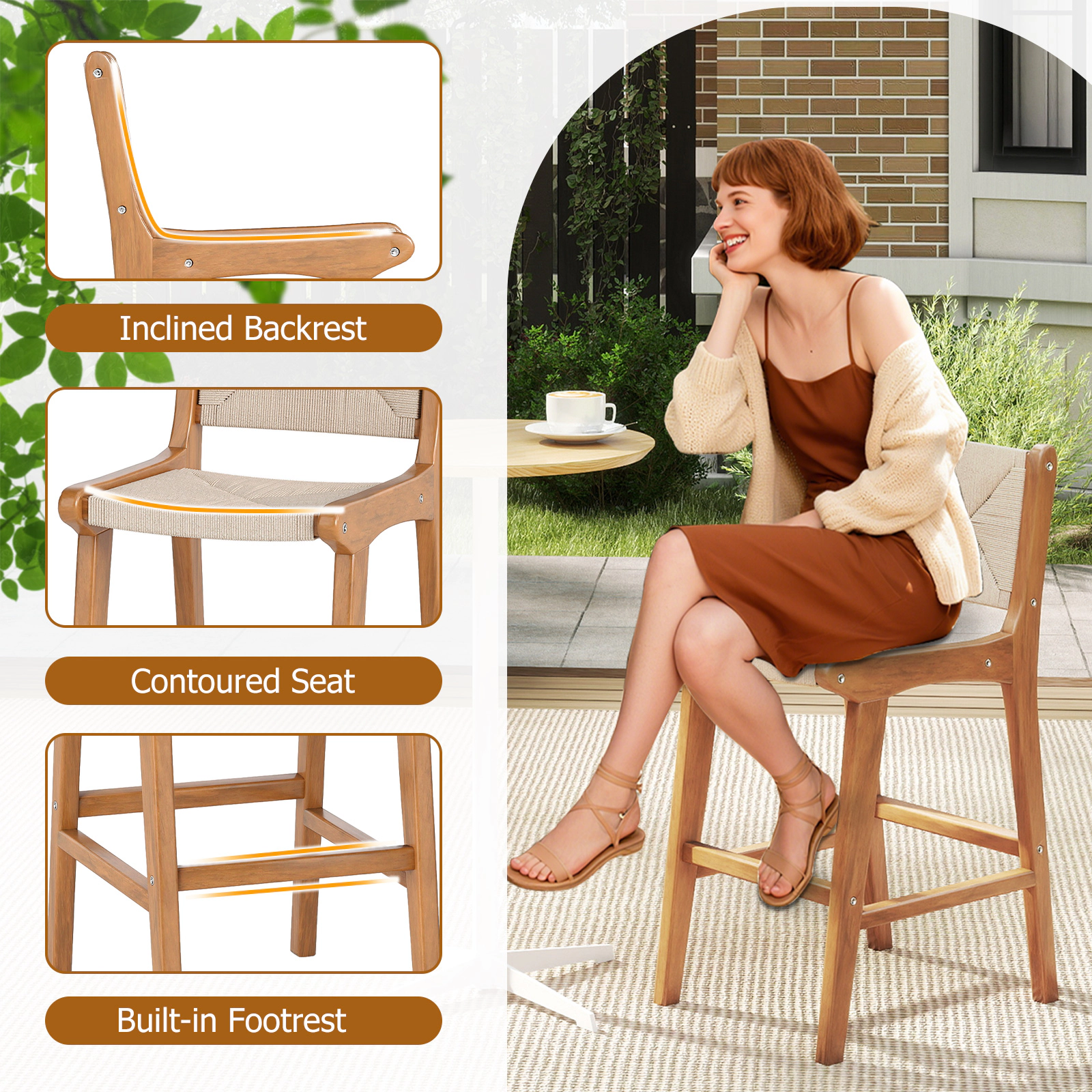 SUGIFT Set of 4 Outdoor Counter Height Bar Stool Bar Set with Woven Paper Rope Seat 400-lb Capacity 26-in Seat Natural