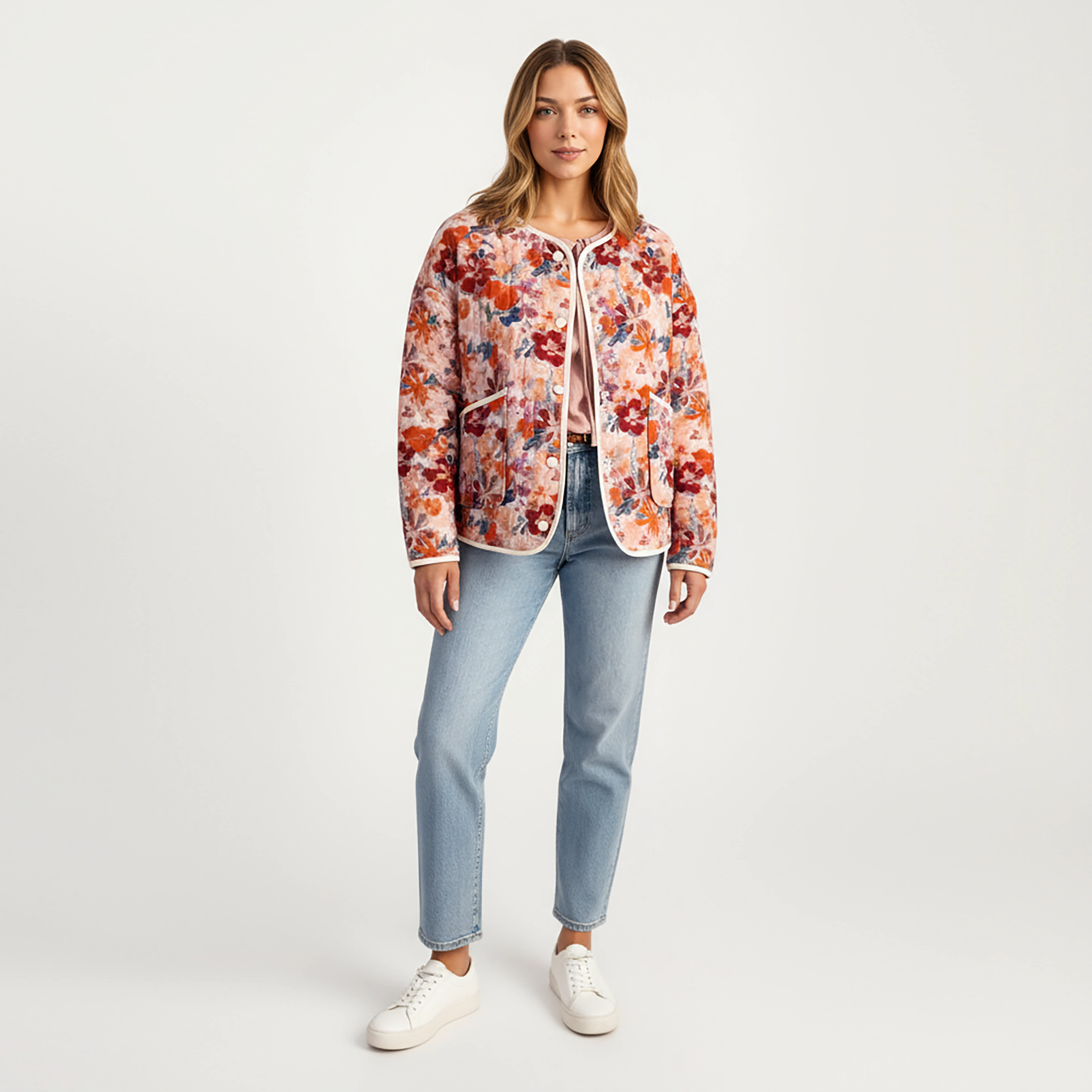 Anna-Kaci Women's Floral Print Button-Up Quilted Jacket with Front Pockets and Contrast Trim