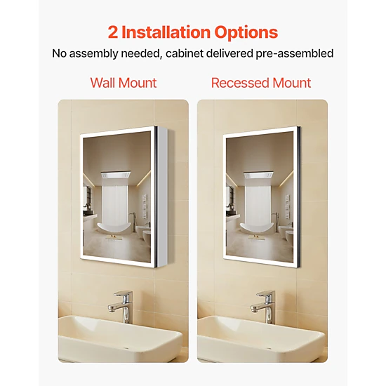 HONGGE Lighted Medicine Cabinet with Mirror Recessed or Wall Mount 3 Color Dimmable LED Bathroom Medicine Cabinet with