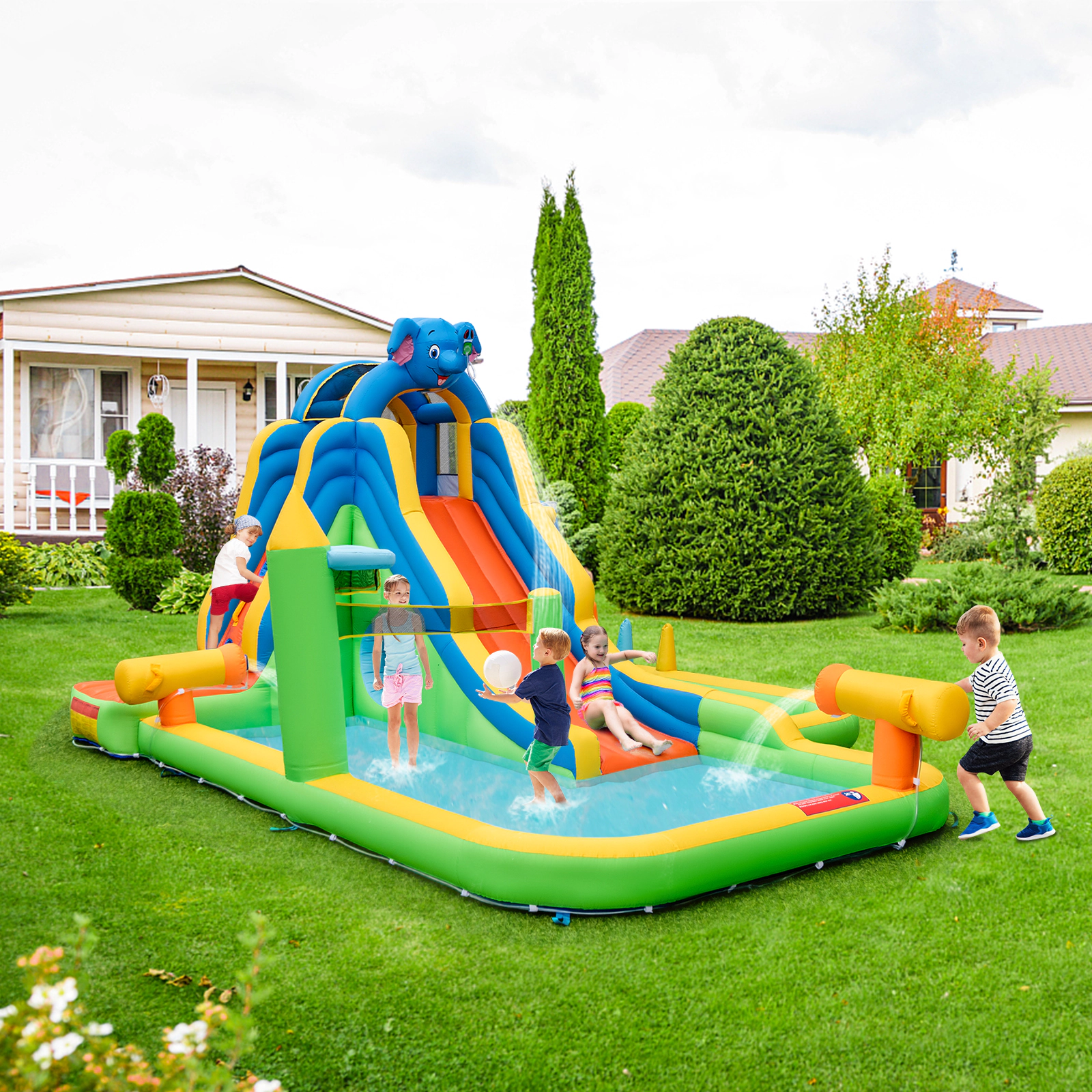 SUGIFT Inflatable Water Slide with 140-in Splash Pool Ball Pit Climbing Wall and Volleyball Area