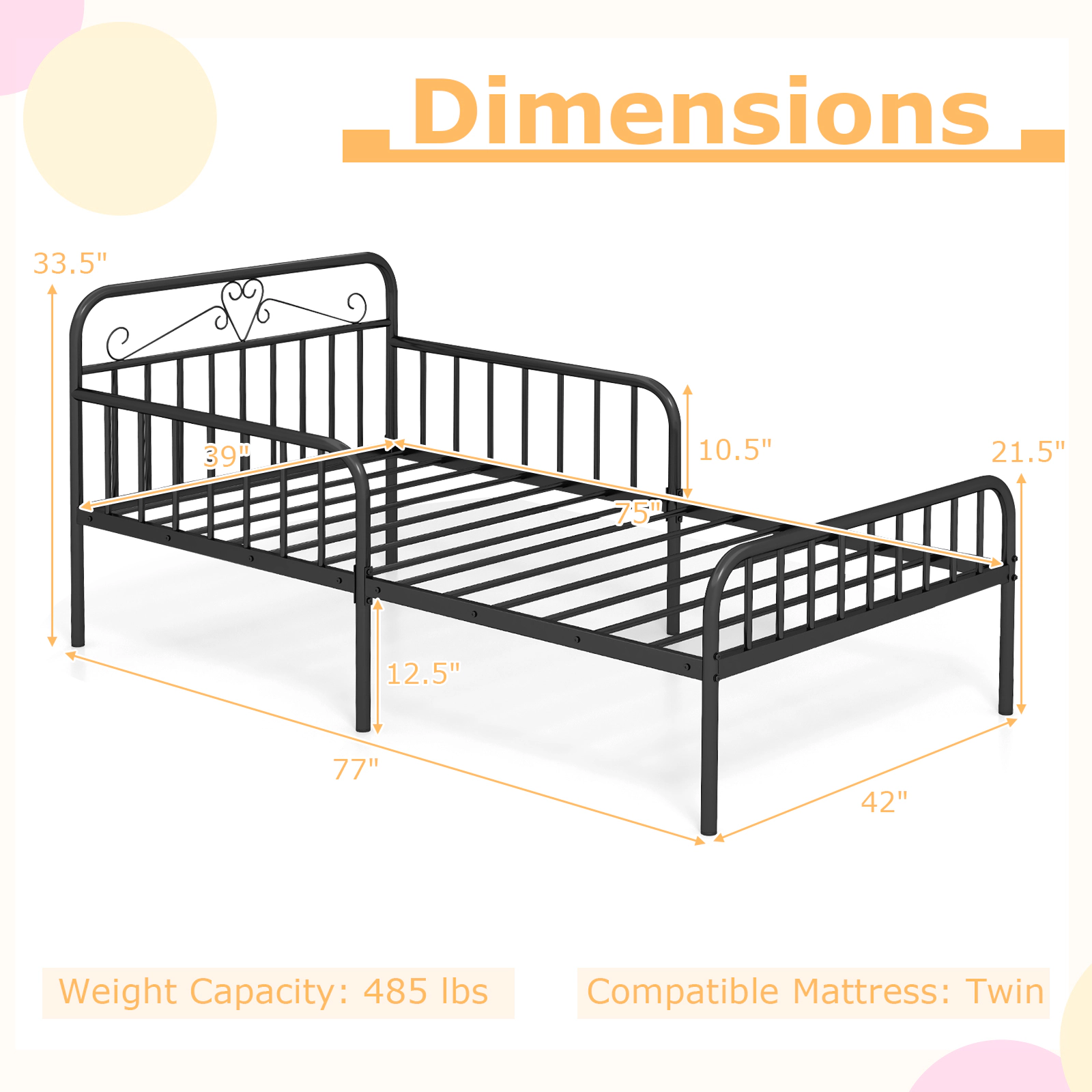 SUGIFT Metal Twin Size Bed Frame with Headboard & Safety Side Guardrails 485-lb Capacity Twin Mattress Compatible Black