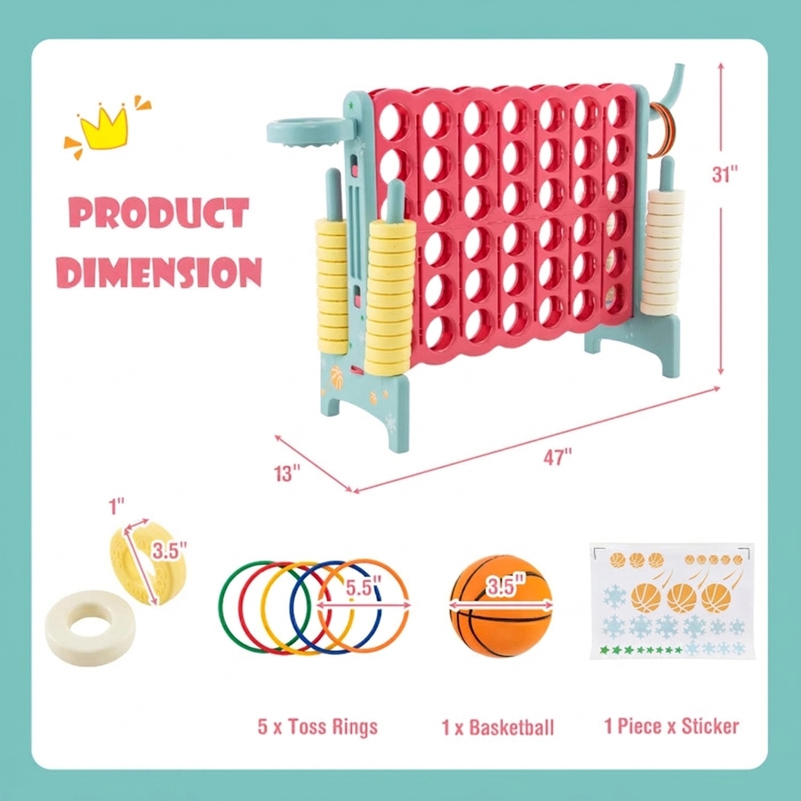 SUGIFT 47-in 4-in-a-Row Connect Game with Basketball Hoop 5 Toss Rings 42 Rings and Tool-Free Setup