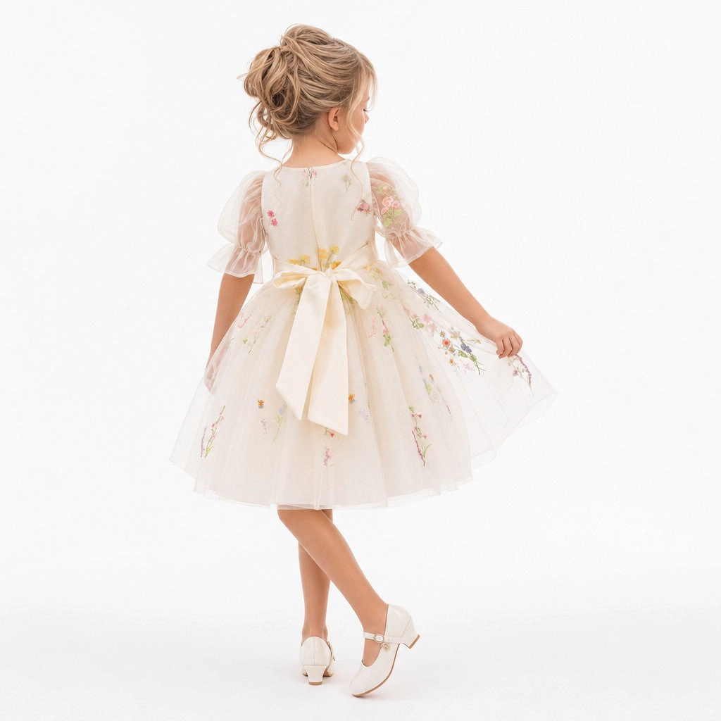 Faeella Enchanted Bloom Embroidered Ivory Flower Girl Dress