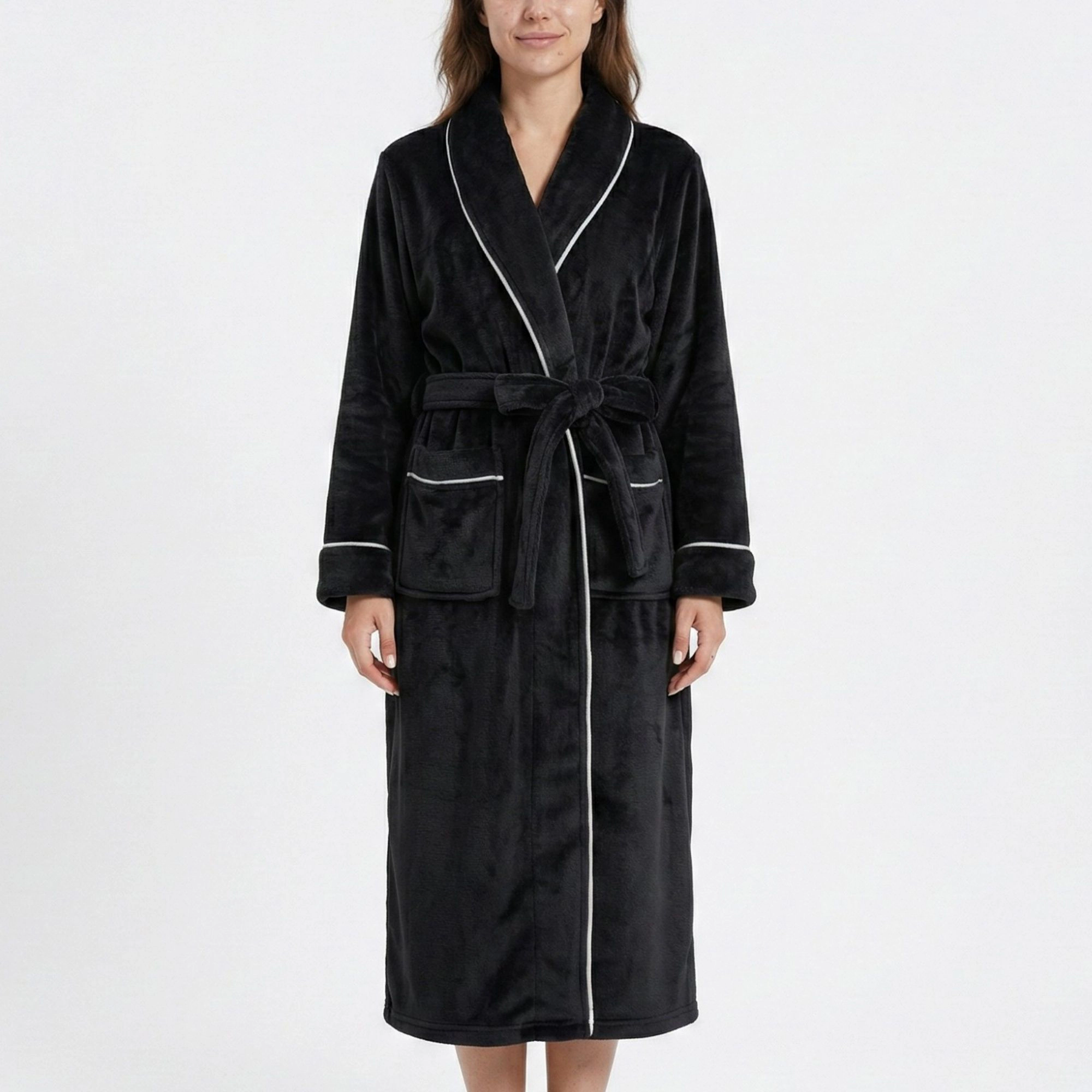 Anna-Kaci Women's Plush Hooded Bathrobe with Waist Tie Belt Long Sleeve Wrap Design and Front Patch Pockets