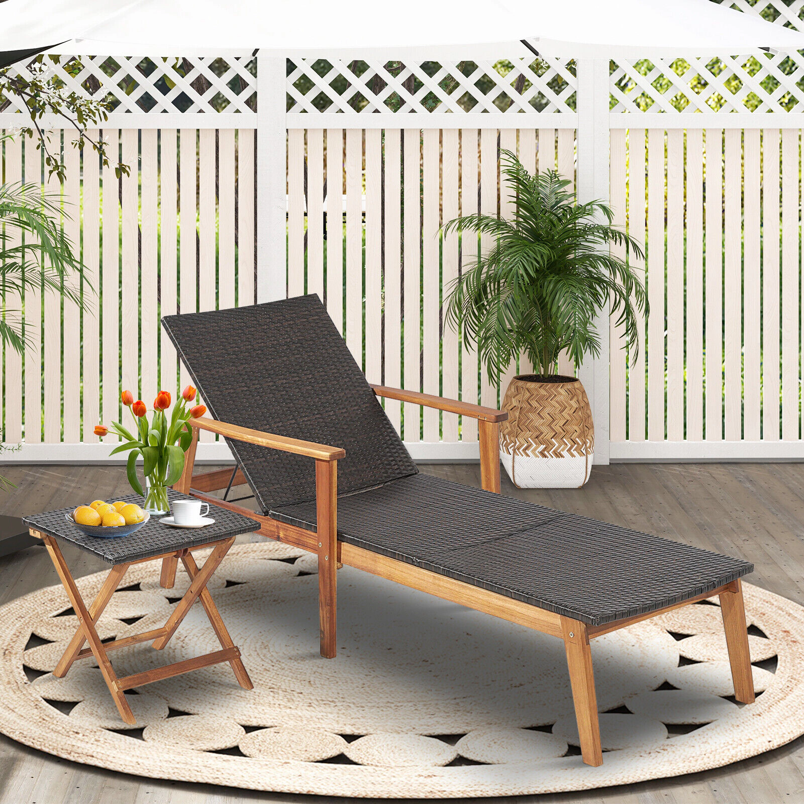 SUGIFT Patio Chaise Lounge, Adjustable Backrest, Acacia Wood Frame, Mixed Brown PE Wicker